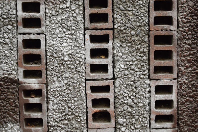 Stacked concrete masonry blocks set into a textured aggregate wall