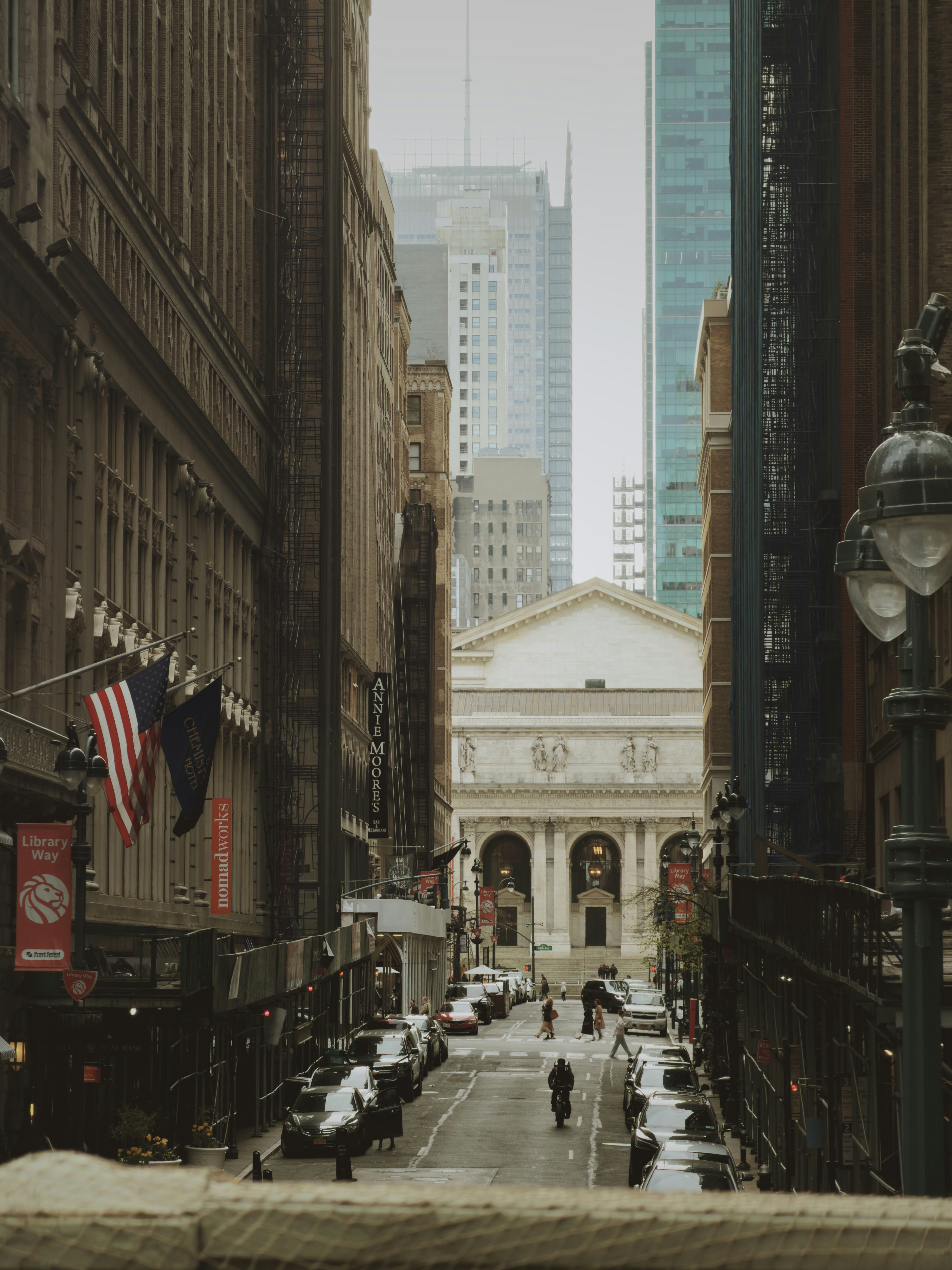 New york city street with classic architecture and modern buildings.