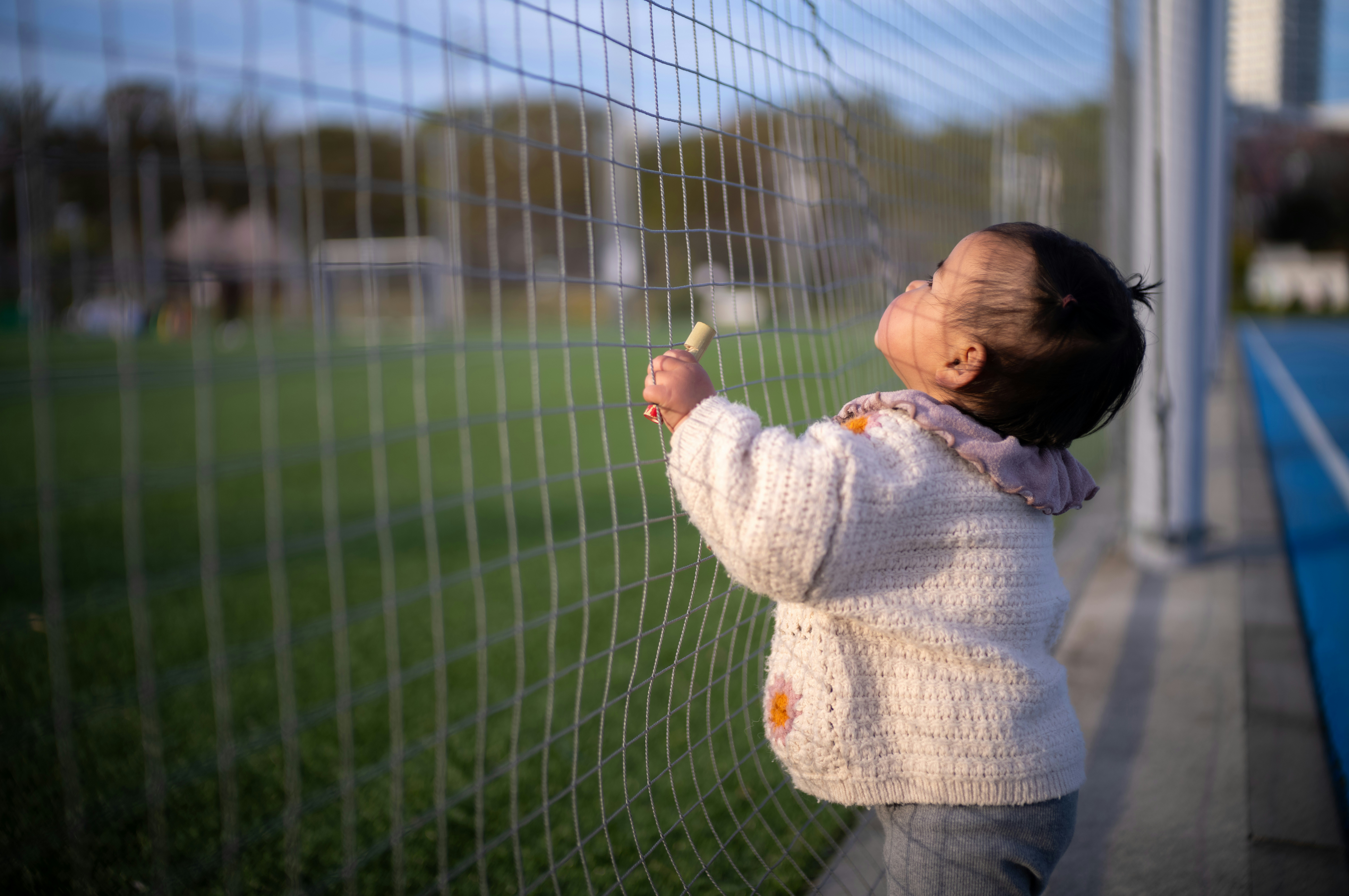 A toddler looks up at a fence on a field