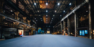 Vast empty industrial warehouse with overhead lighting