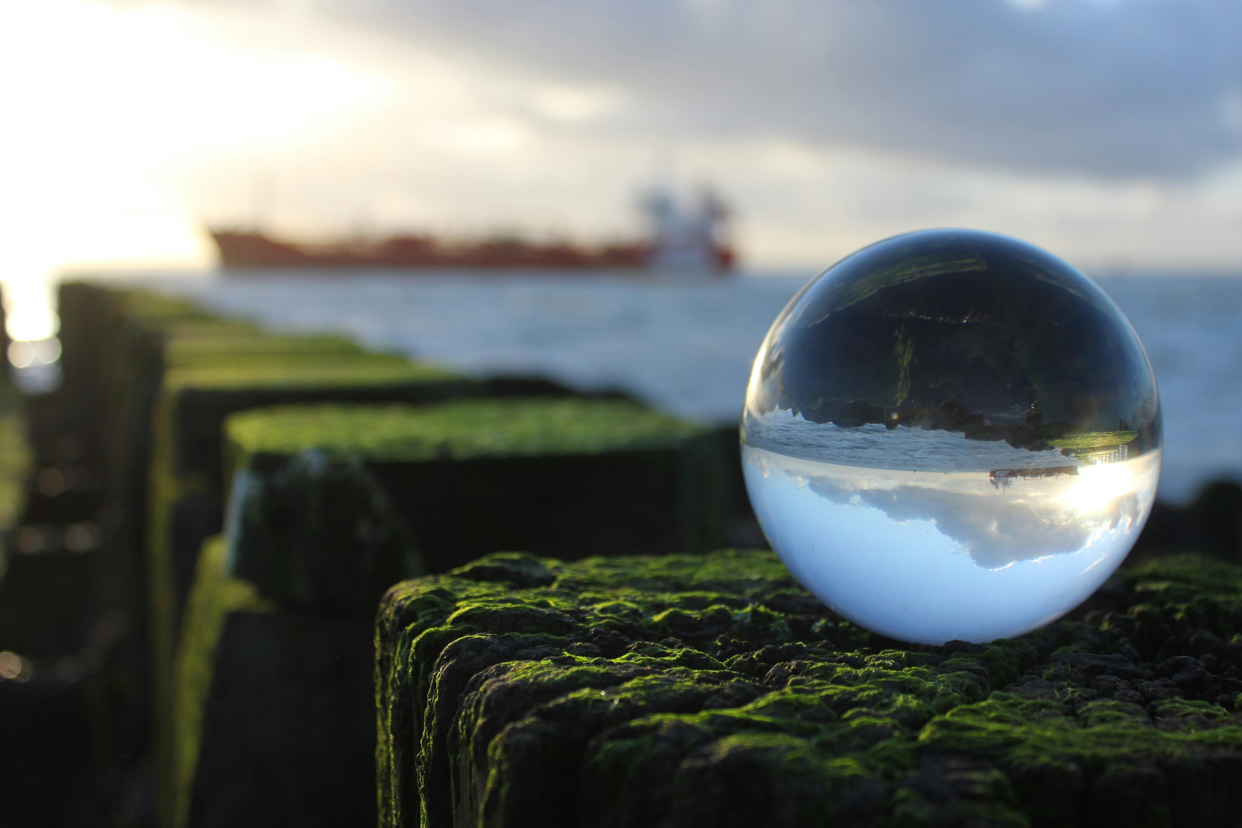 Upside-down reflection of the ocean and a cargo ship in a glass sphere placed on an algae covered wall