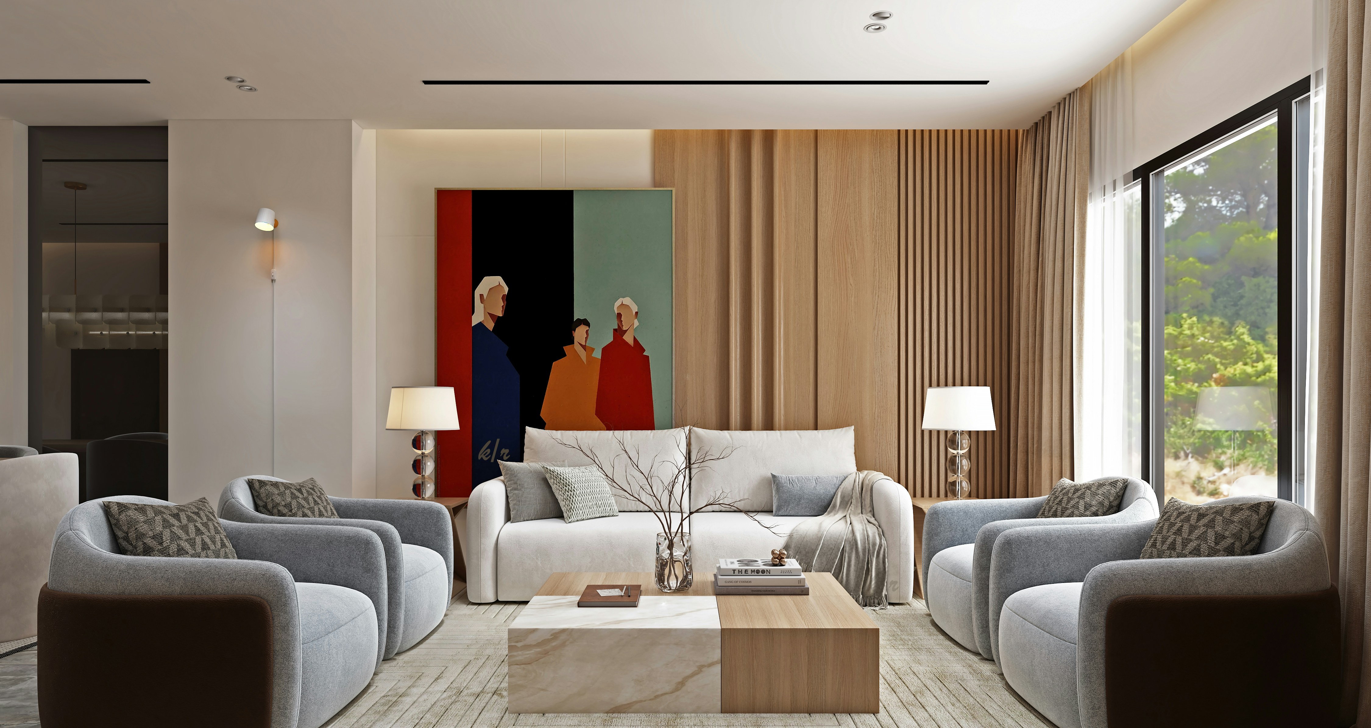 Modern living room with contemporary art and comfortable seating.