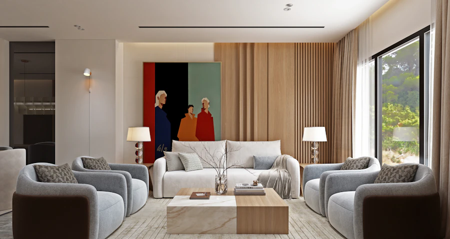Comfortable modern living room kept cool by efficient HVAC system