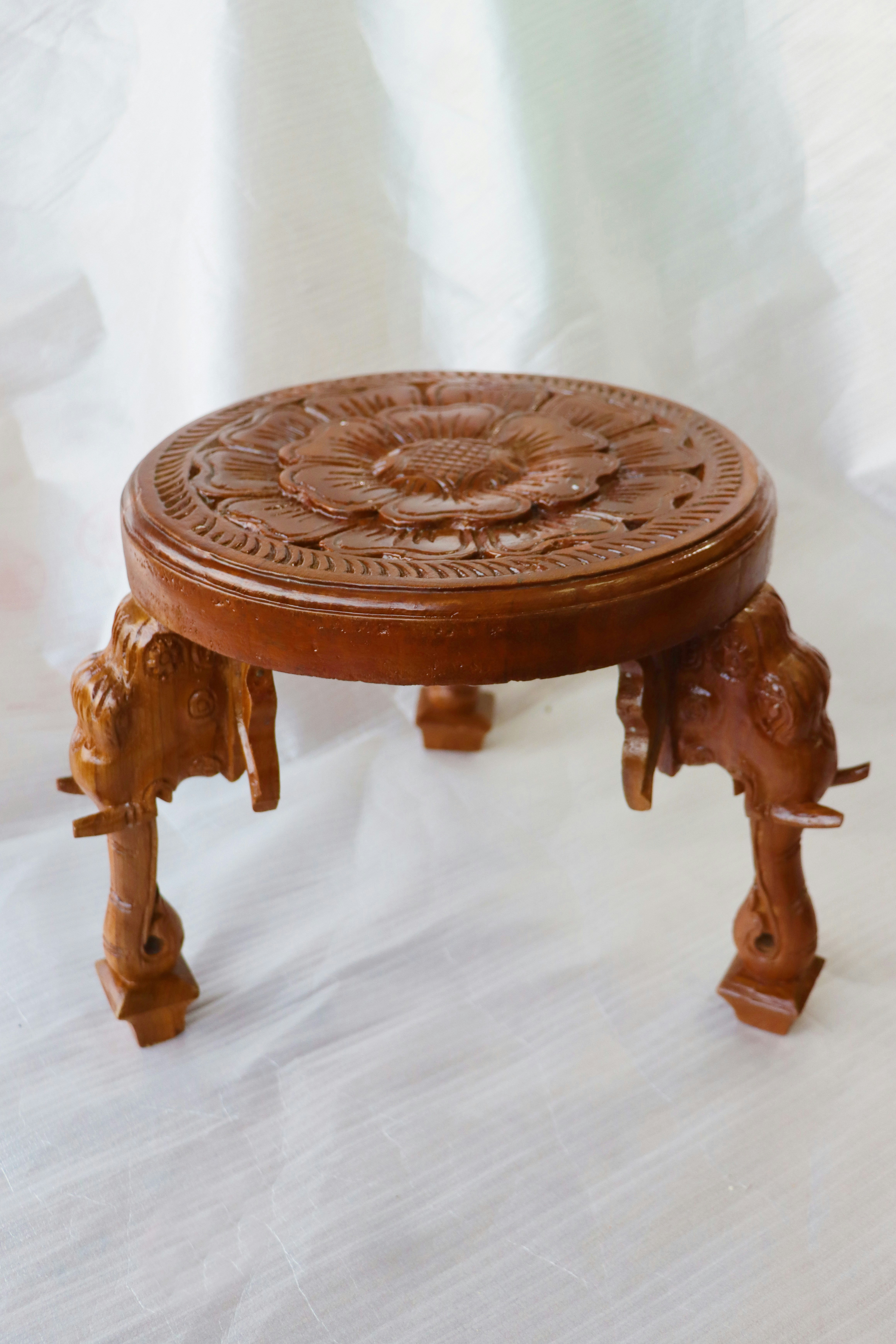 Hand Carved Wooden Pooja Stool with Elephant Legs