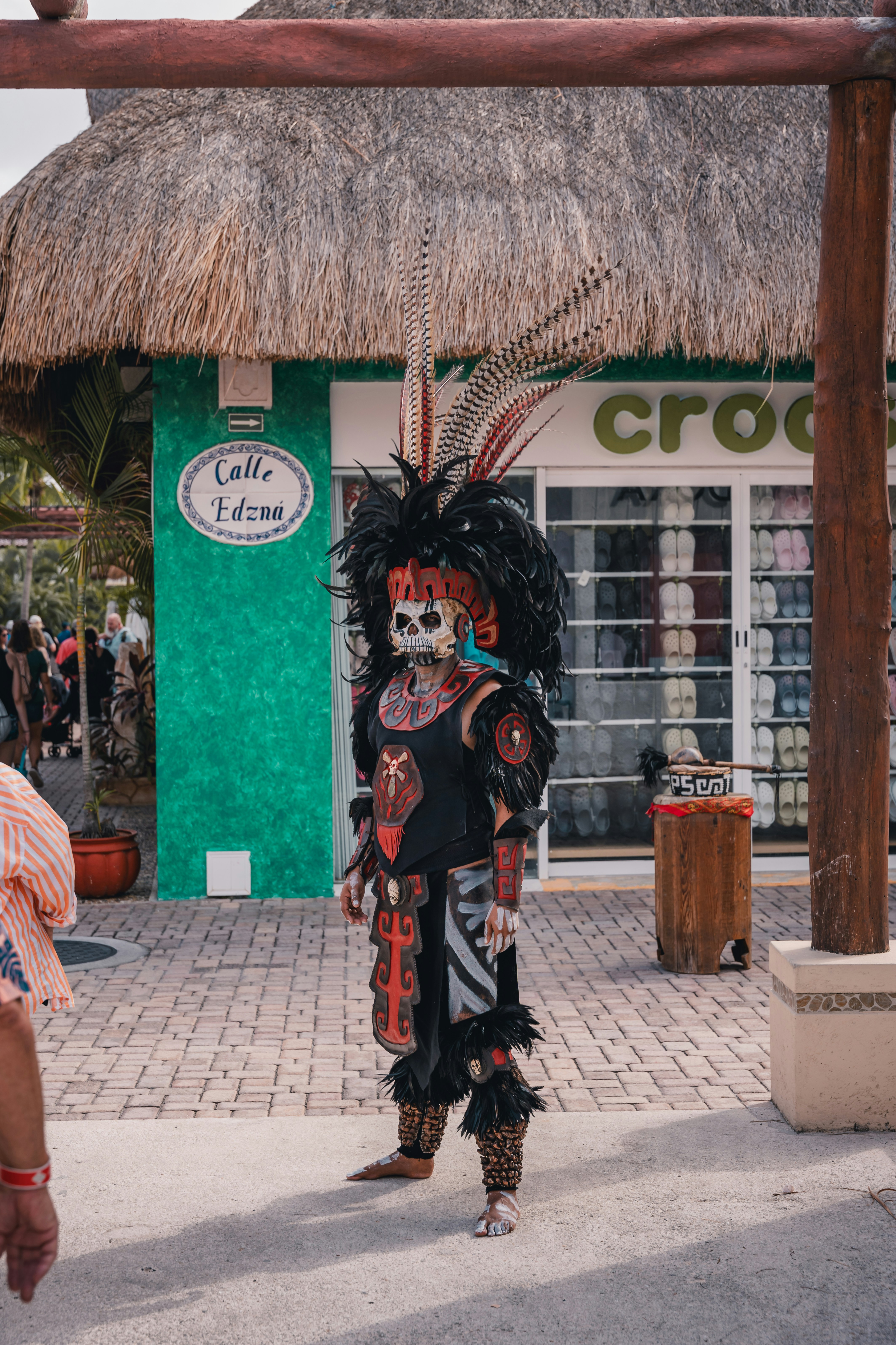 Person in elaborate feathered costume with skull mask.