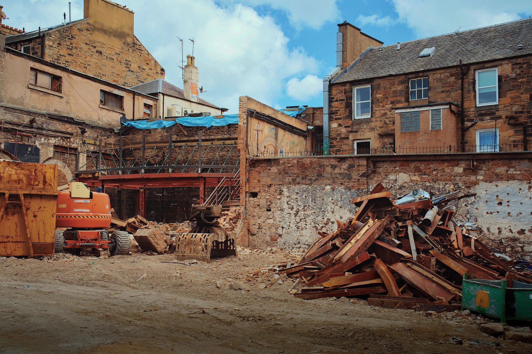 Construction debris and materials at a cleanup site