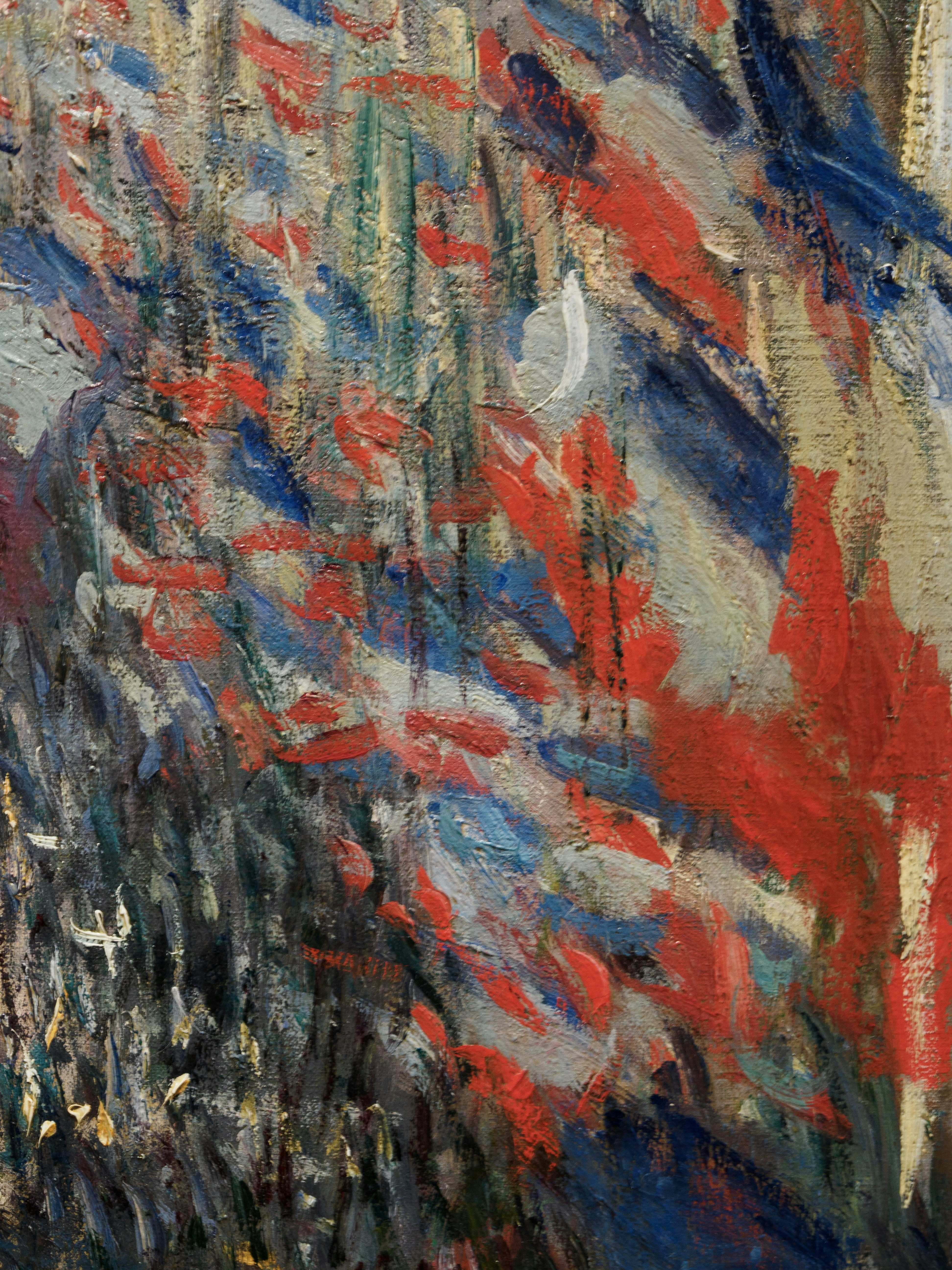 Pintura abstracta con trazos rojos, azules y blancos