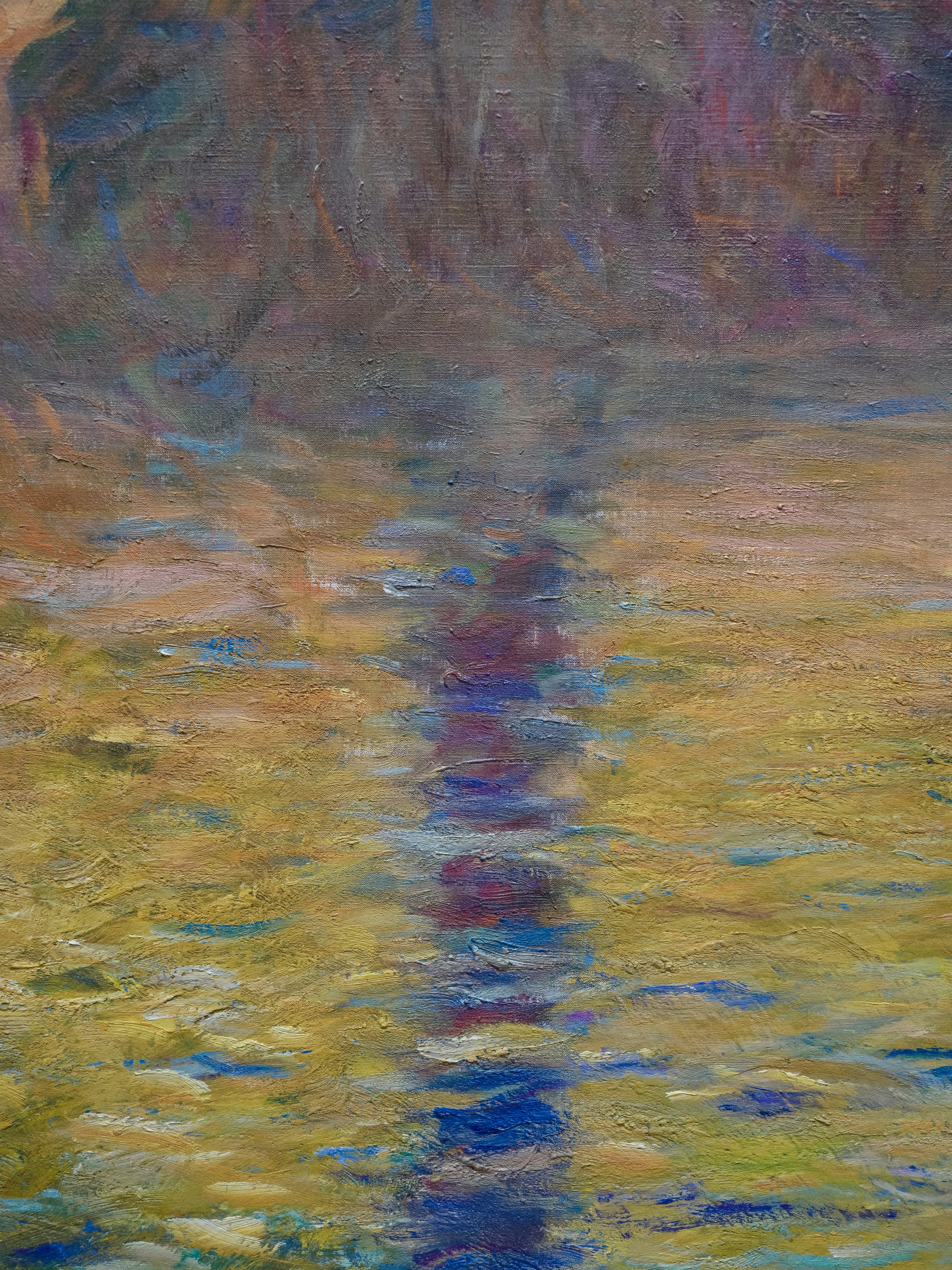 Pintura impresionista de agua reflejando cielos coloridos