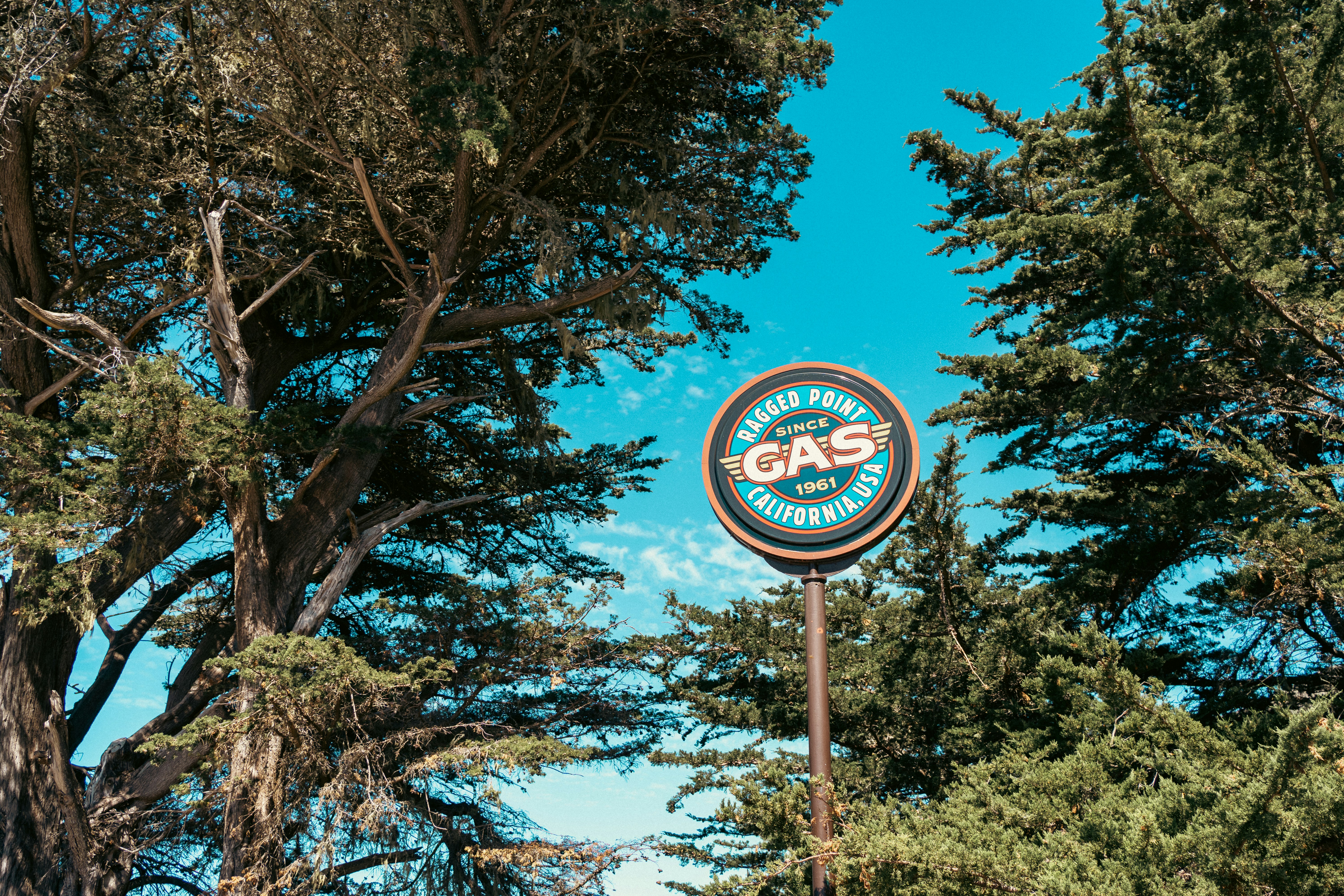 Vintage gas sign surrounded by trees and blue sky