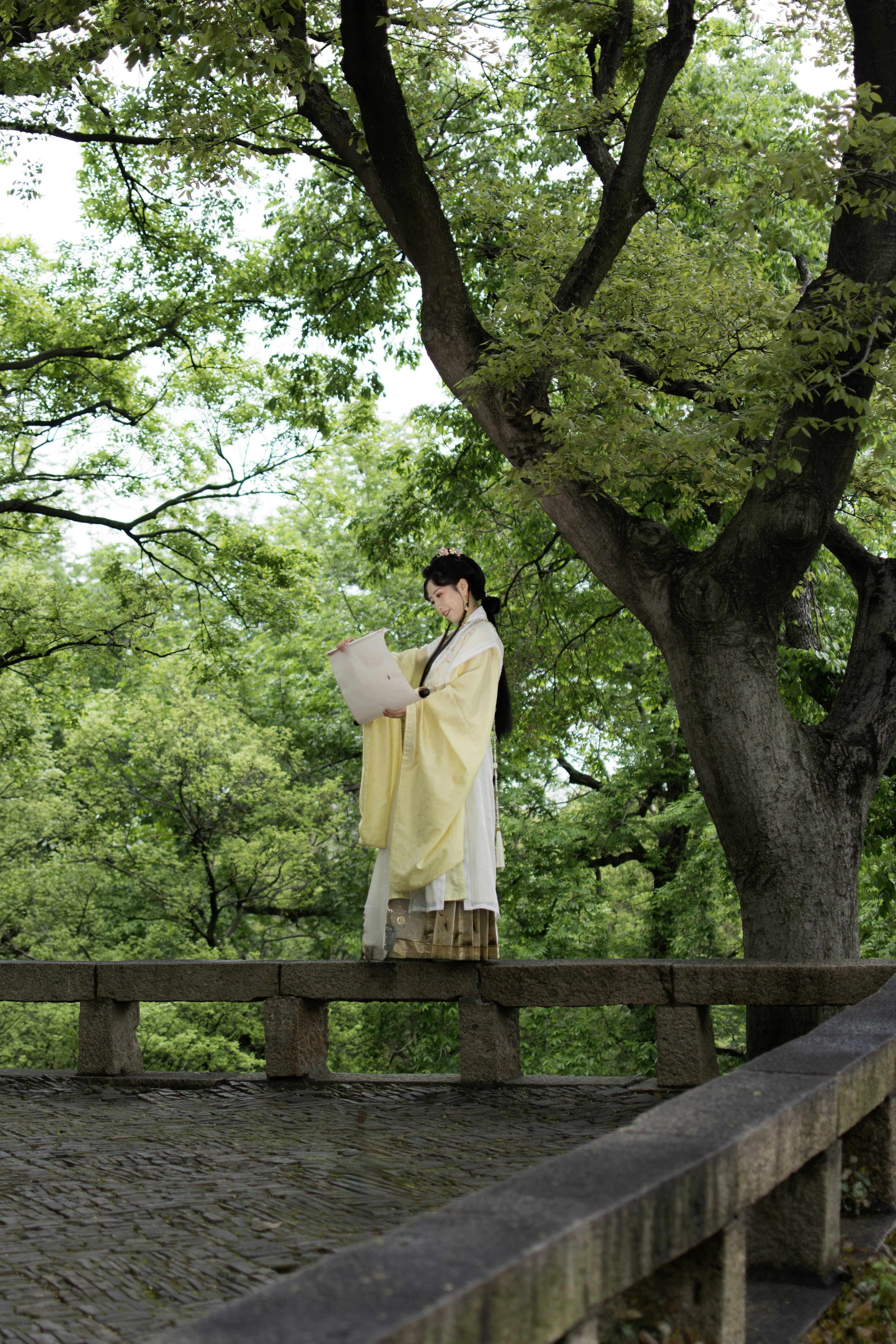 Femme en tenue jaune traditionnelle lit un parchemin sur le pont.