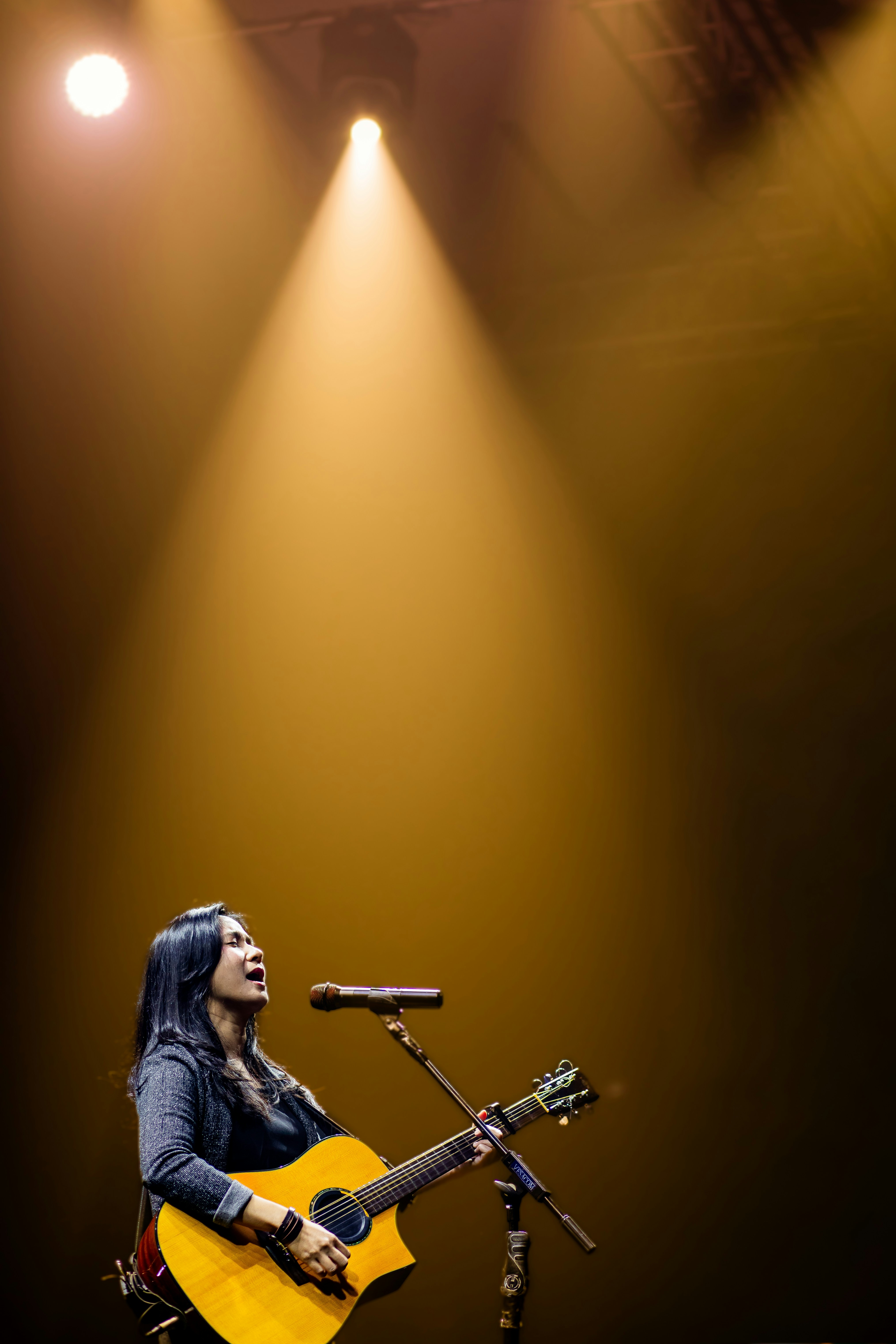 Una mujer cantando y tocando la guitarra en el escenario.