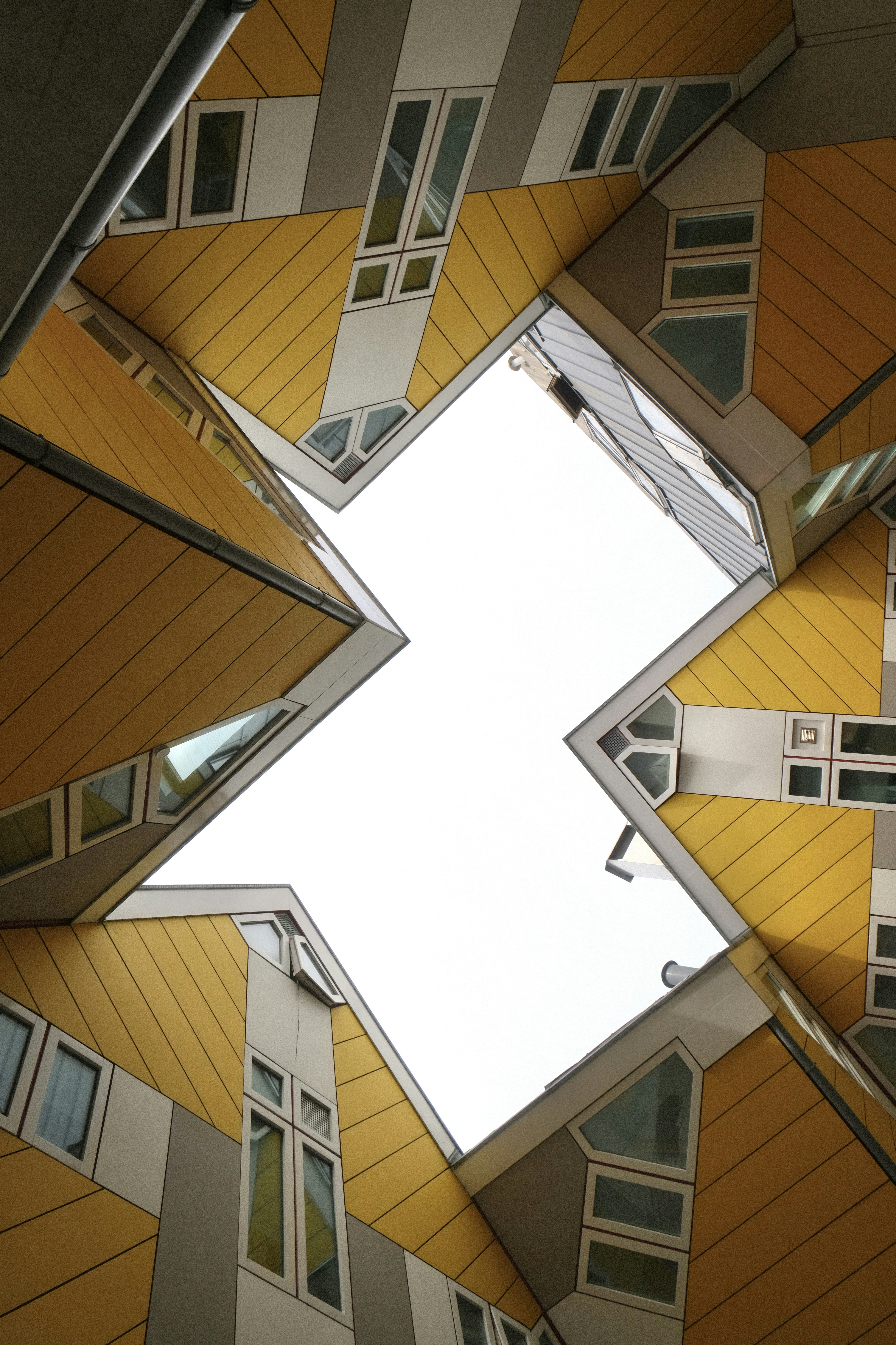 Unique yellow cube houses viewed from below