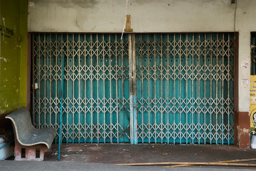 Closed metal security gate on a storefront