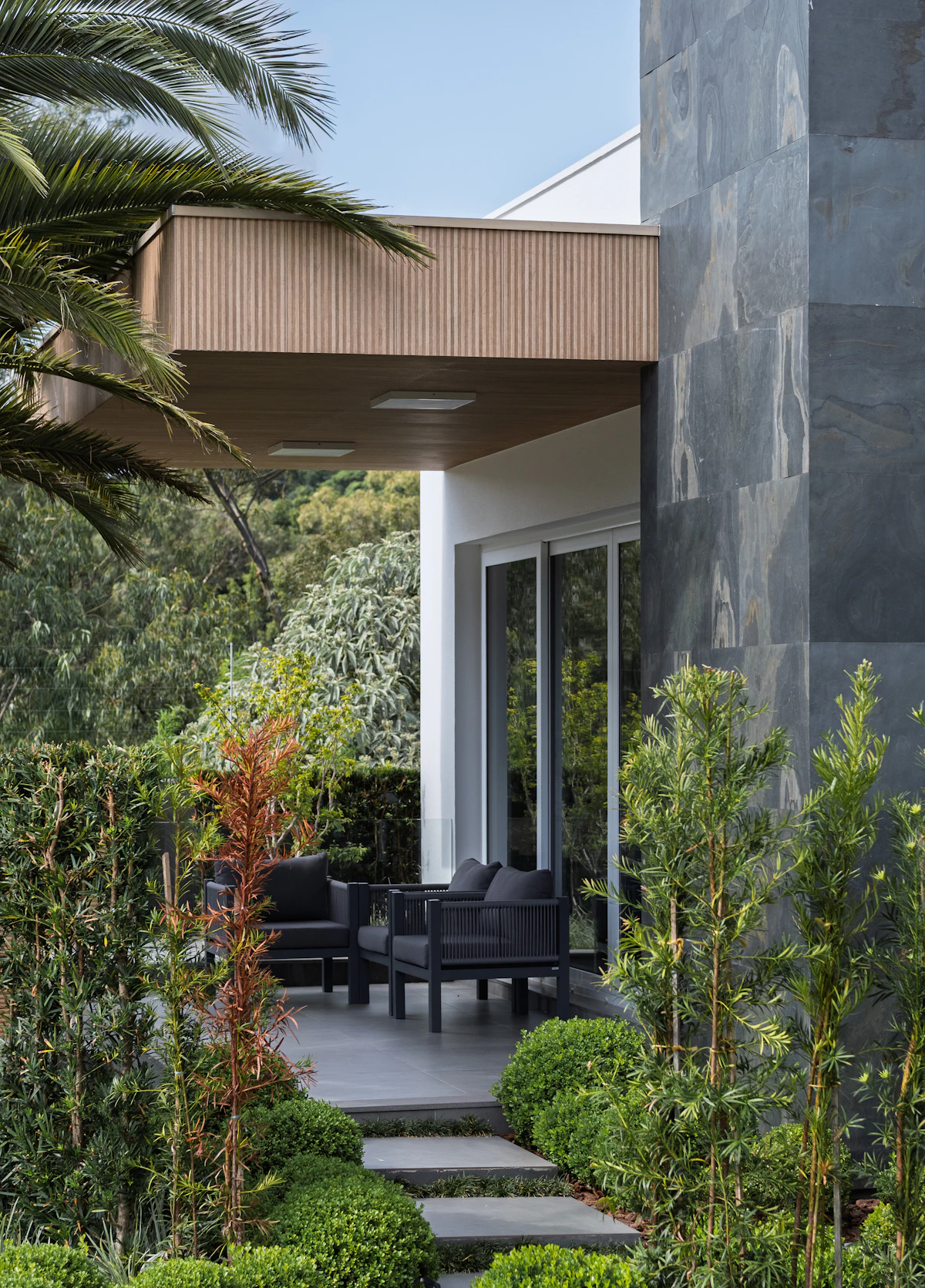 Modern landscaped backyard patio