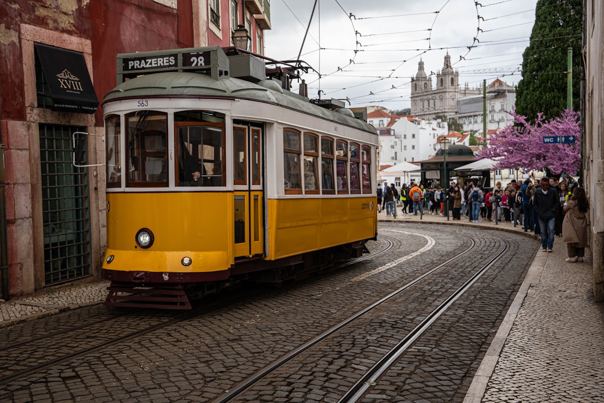 A yellow Lisbon tram rounding a curve in the street, people on the pavement, pink blossom trees and a pale stone building behind