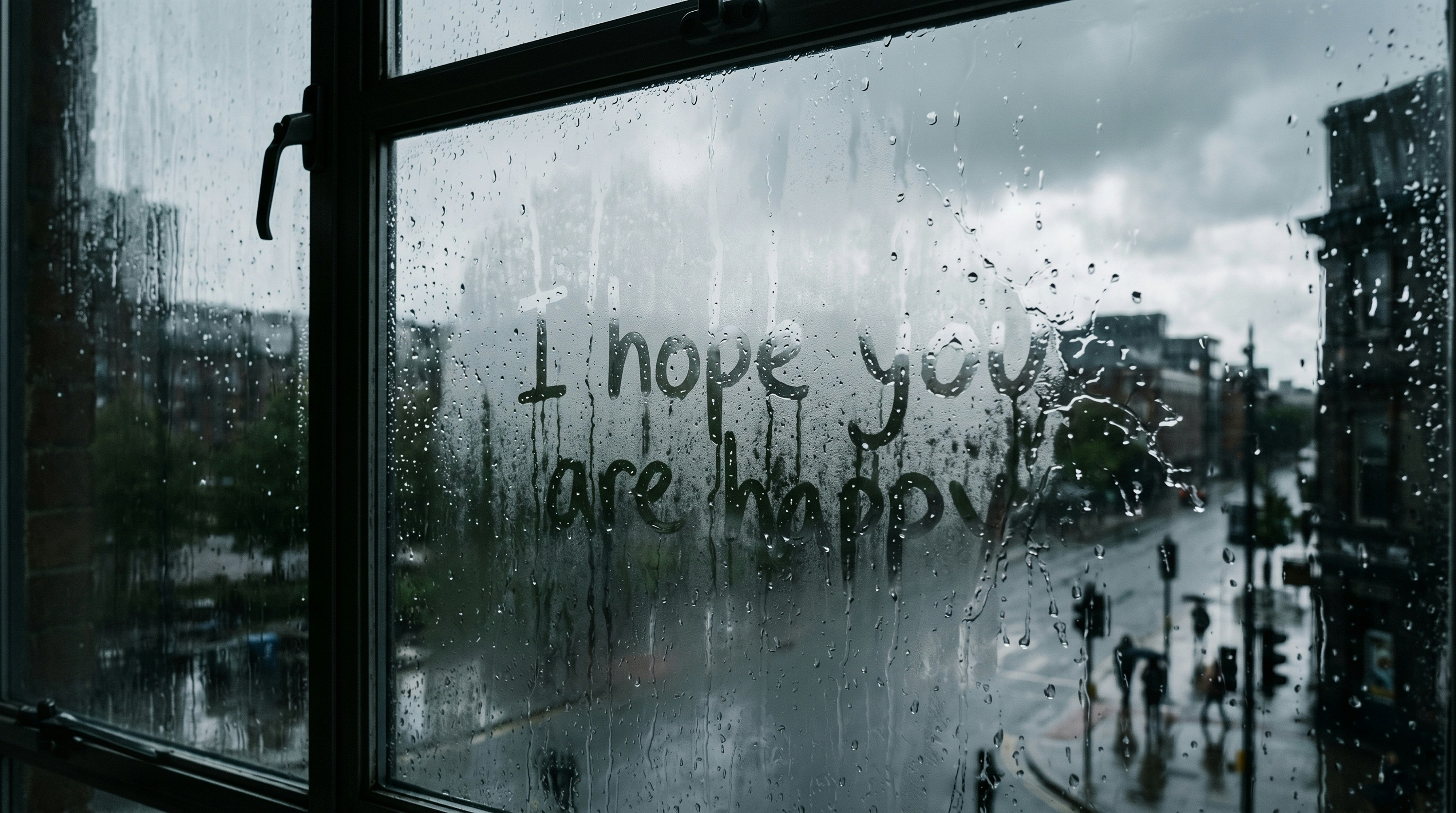 I hope you are happy written on a foggy window.