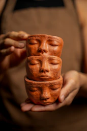 Three stacked terracotta pots shaped like faces