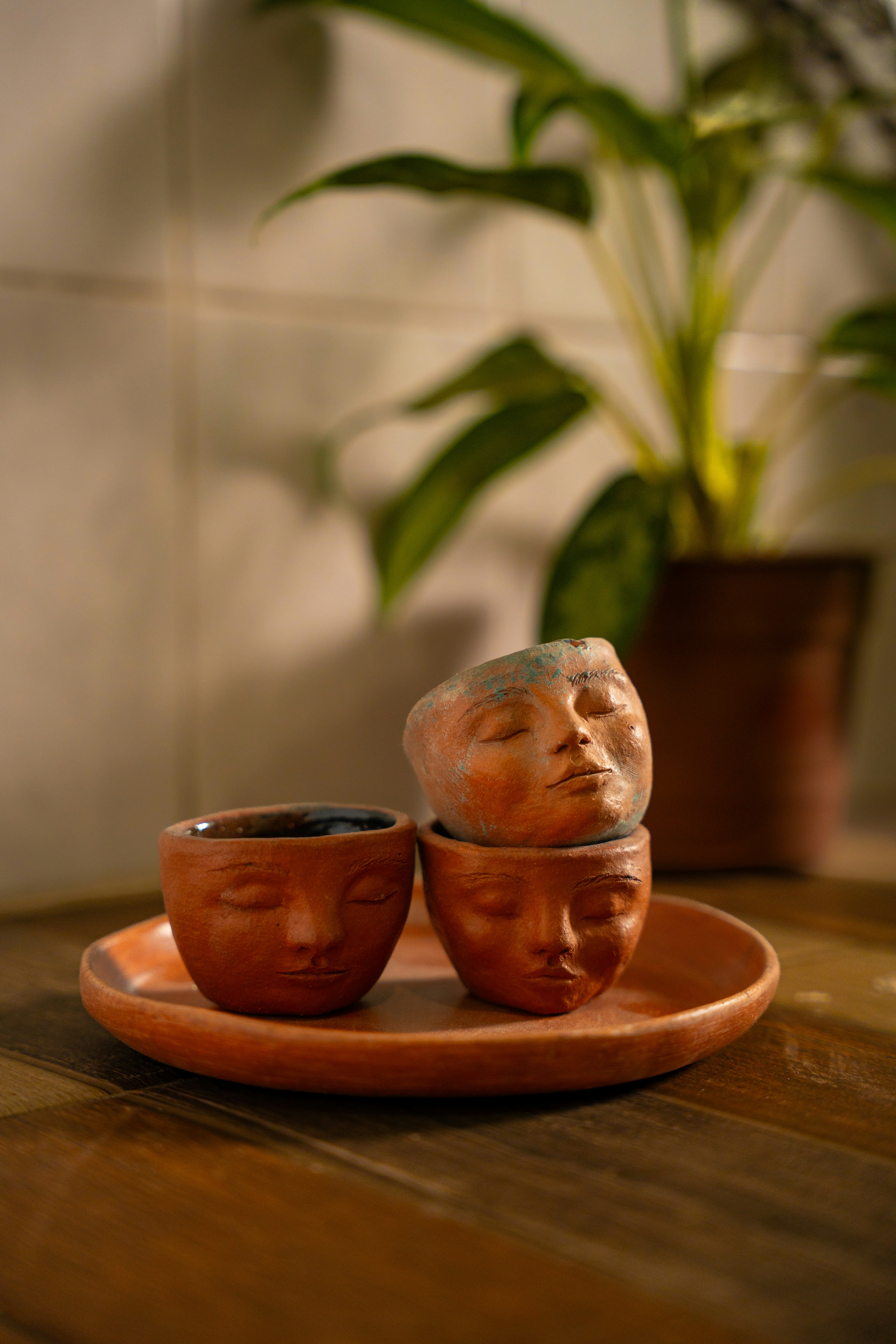 Two terracotta planters shaped like faces on a tray.