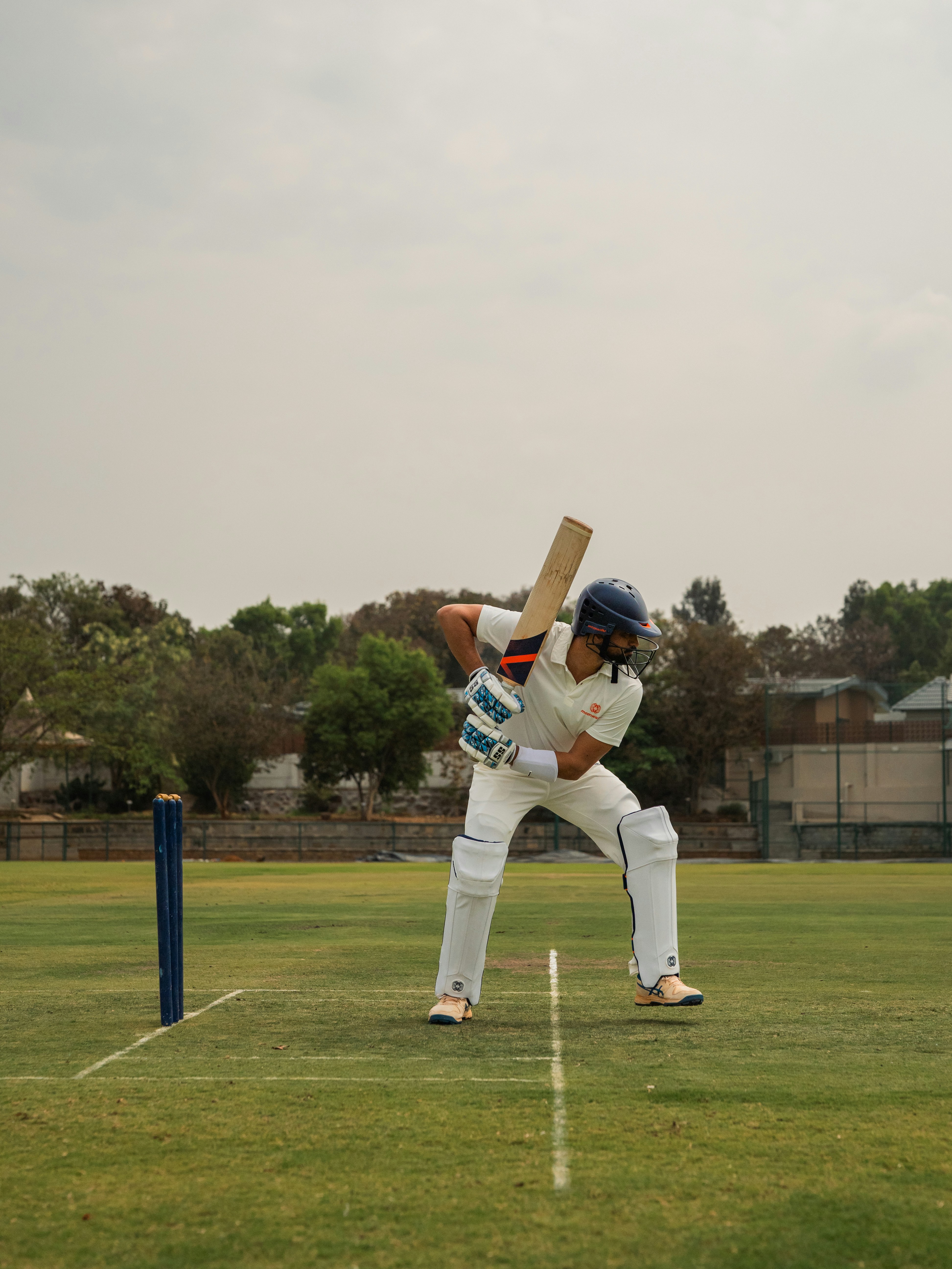 Cricketer at the crease with bat raised, ready to face delivery on a grassy pitch; pose captured mid-balance with protective gear and stumps nearby.