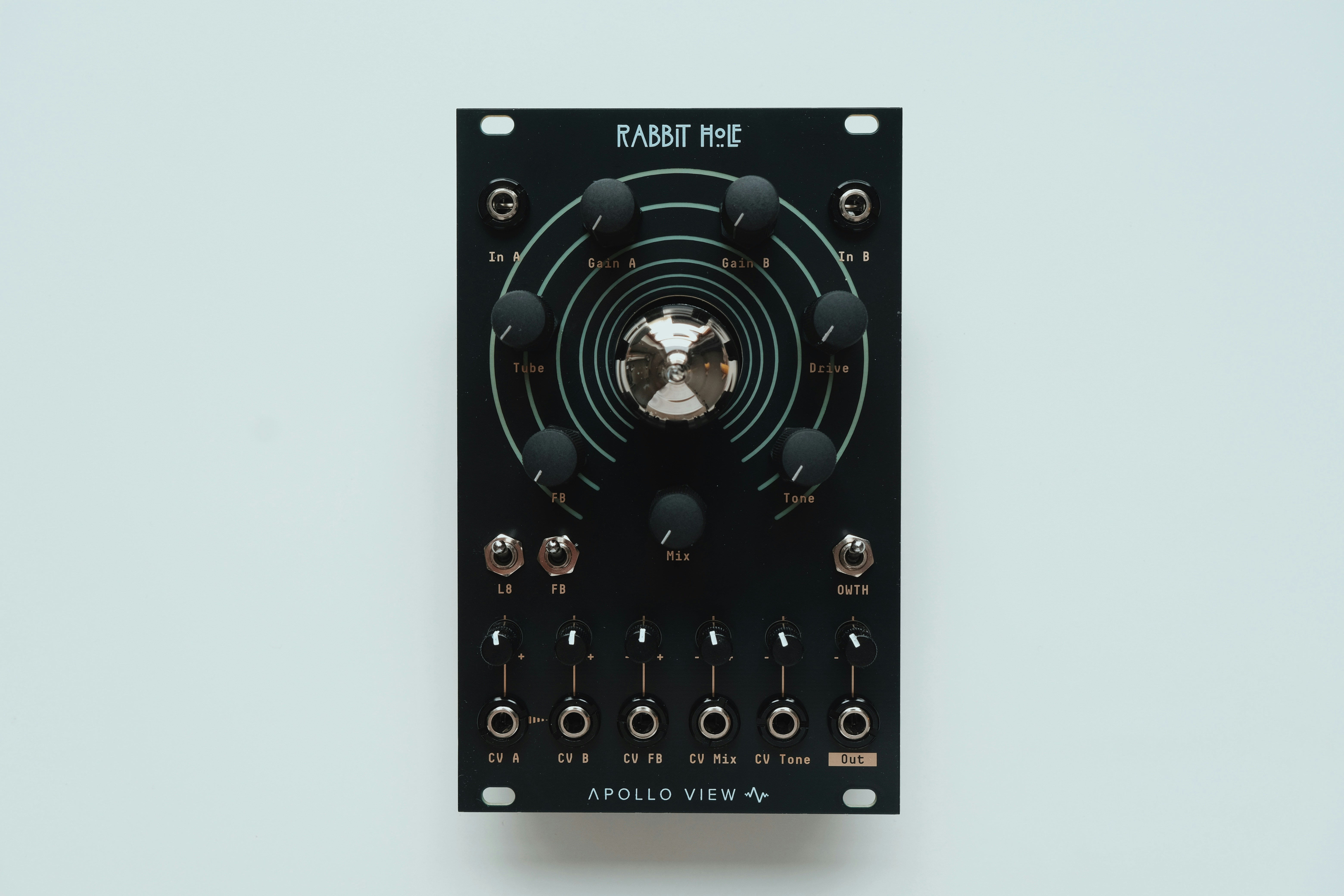 Black electronic module with knobs and jacks