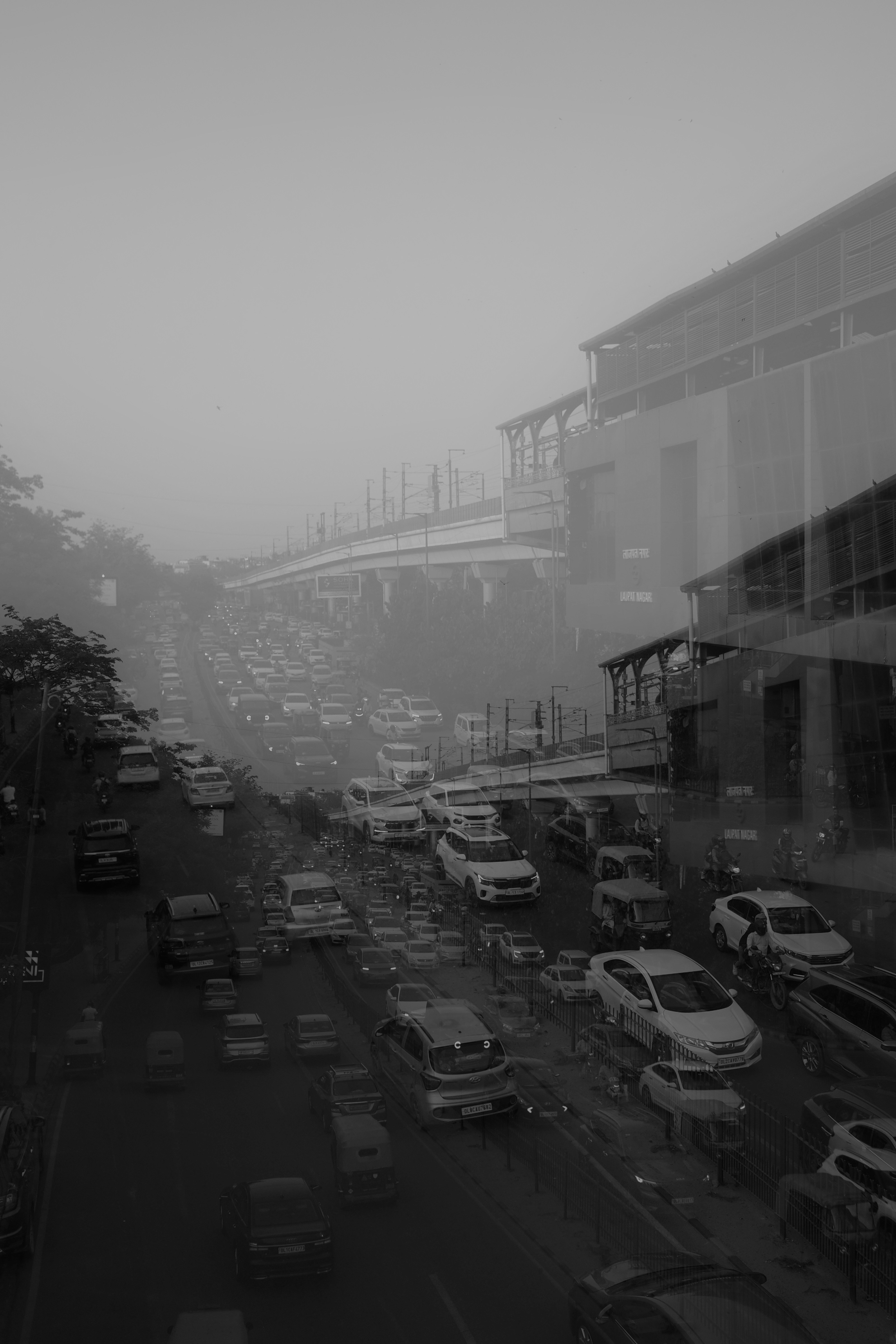 Heavy traffic jam on a foggy day