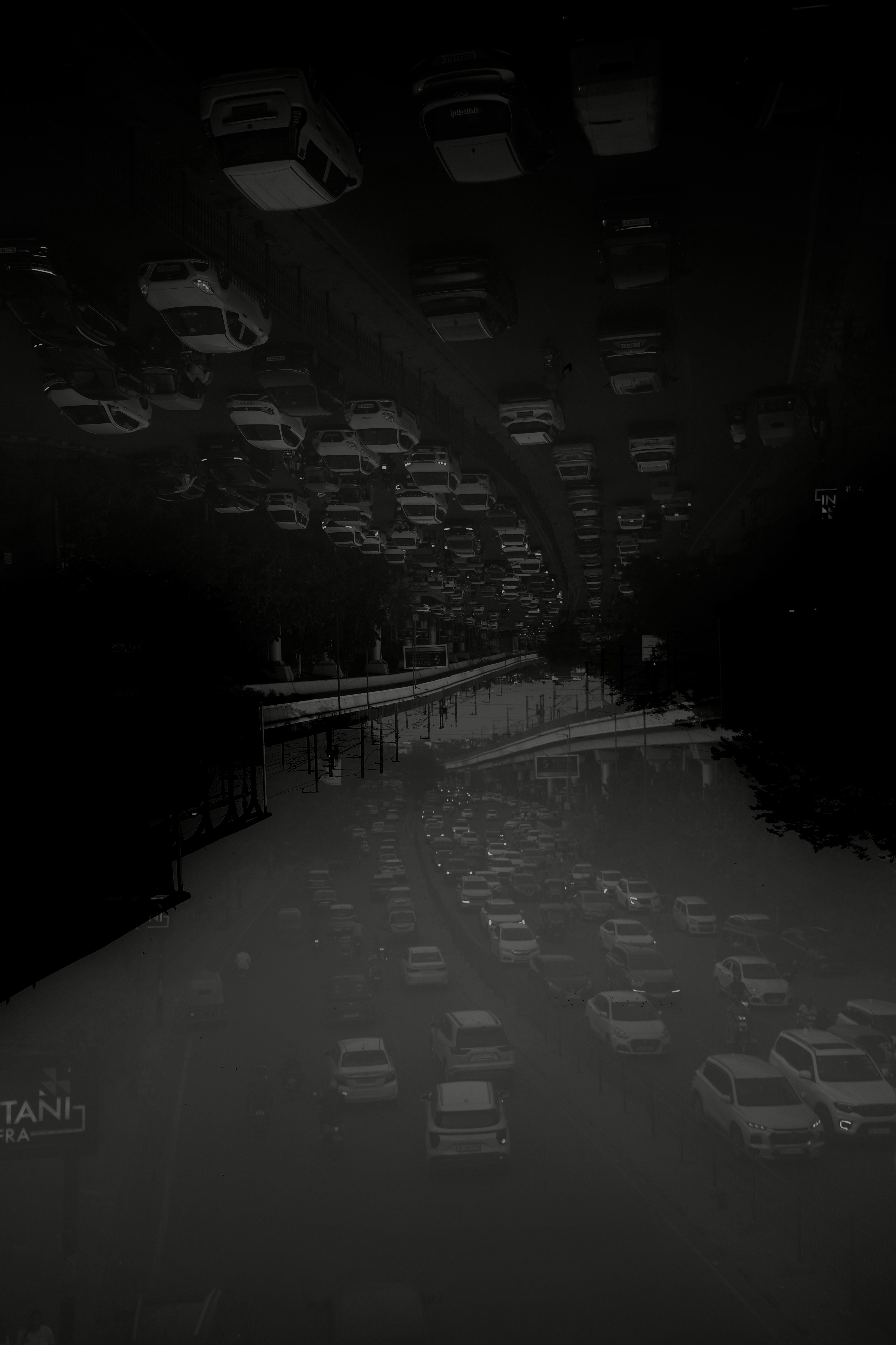 Traffic jam on a dark city street at night