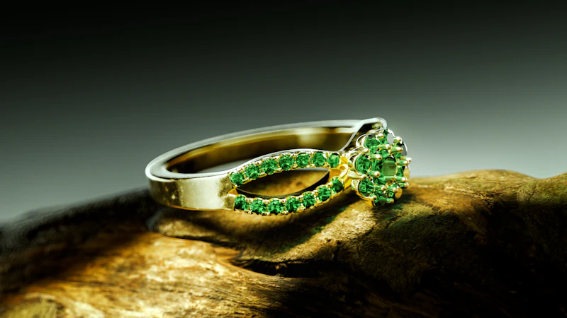 Yellow gold ring with sweeping rows of green emeralds on a warm gold surface
