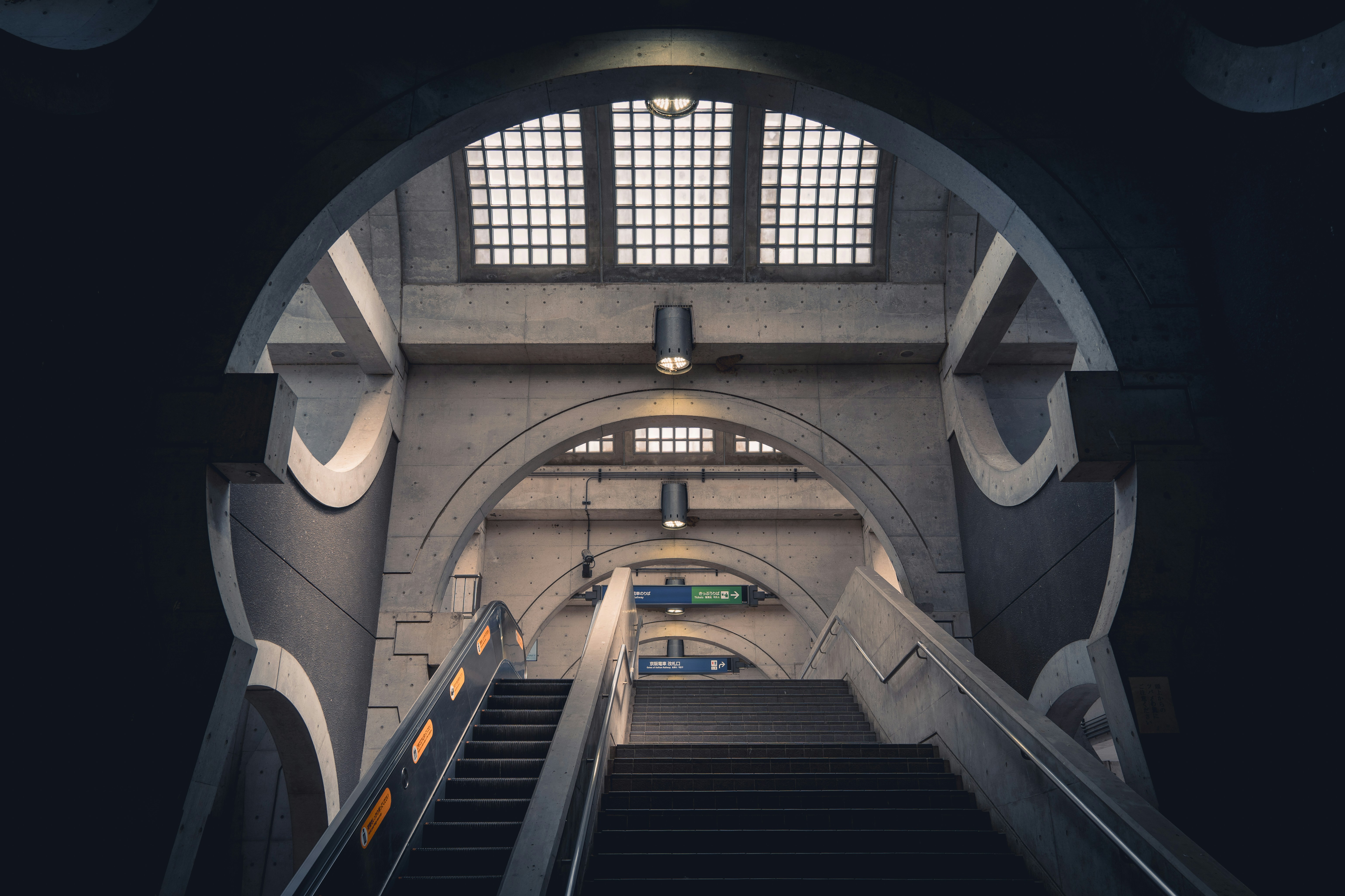 Modern subway station with escalators and stairs