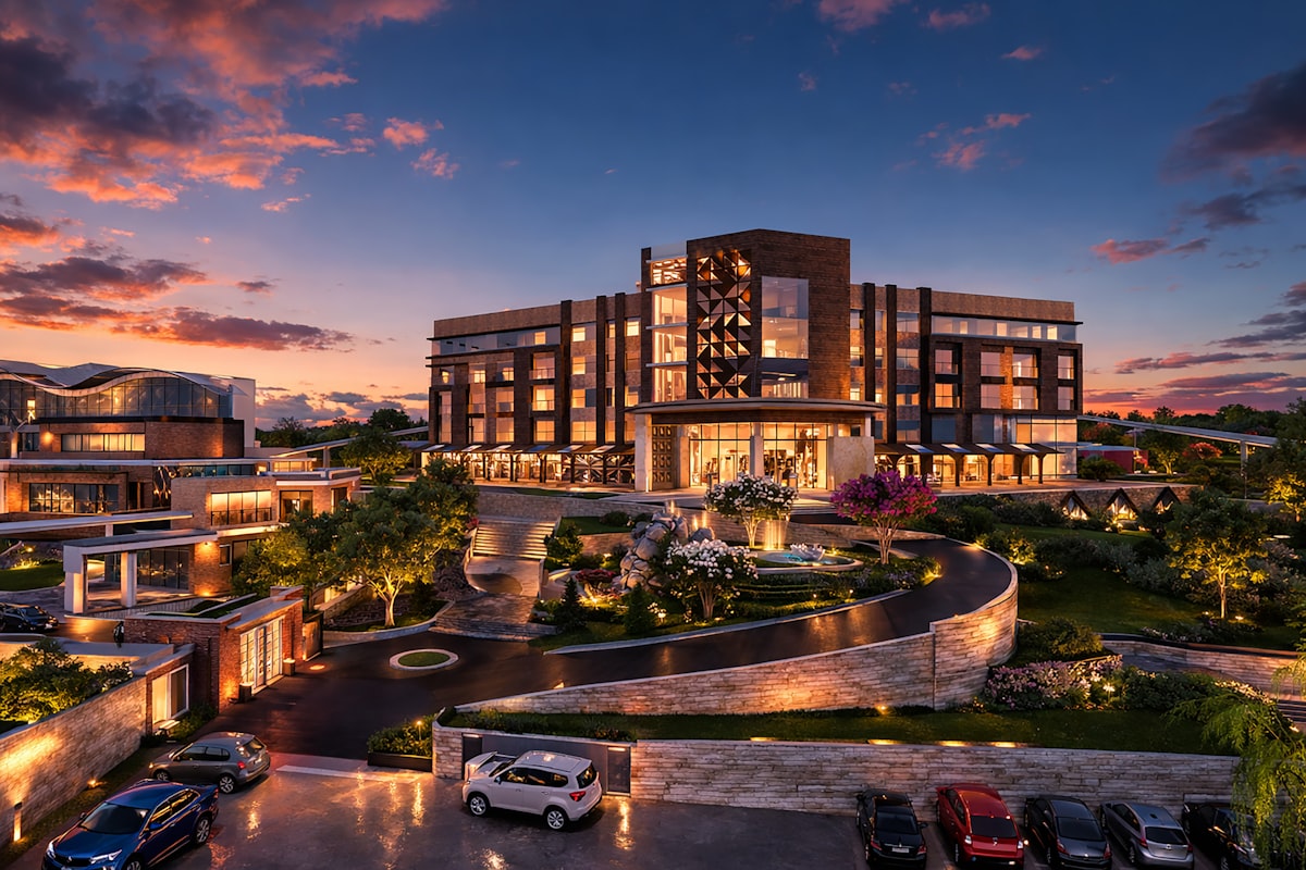 Modern hotel building at dusk with illuminated entrance
