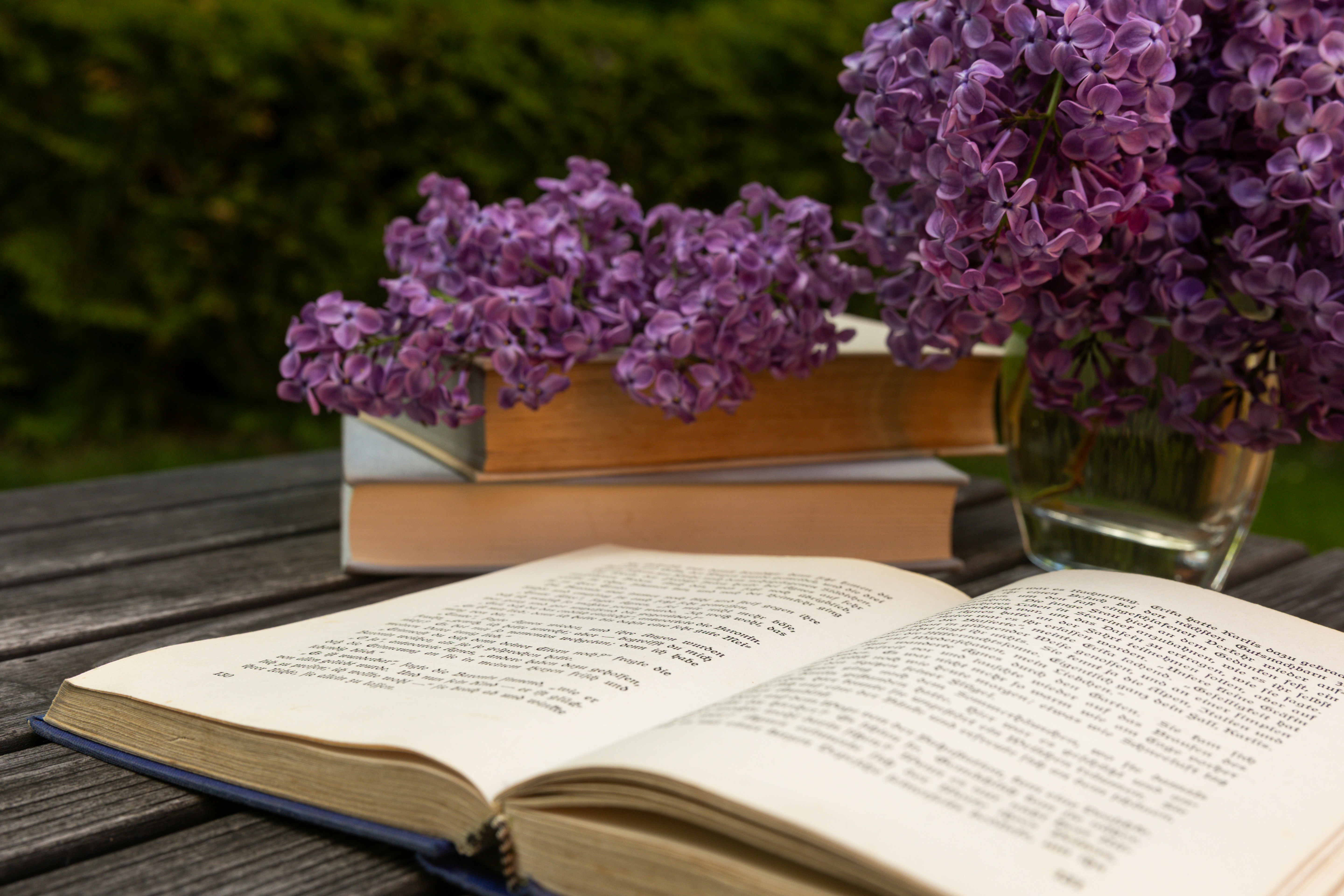 Open book and purple flowers on a wooden table
