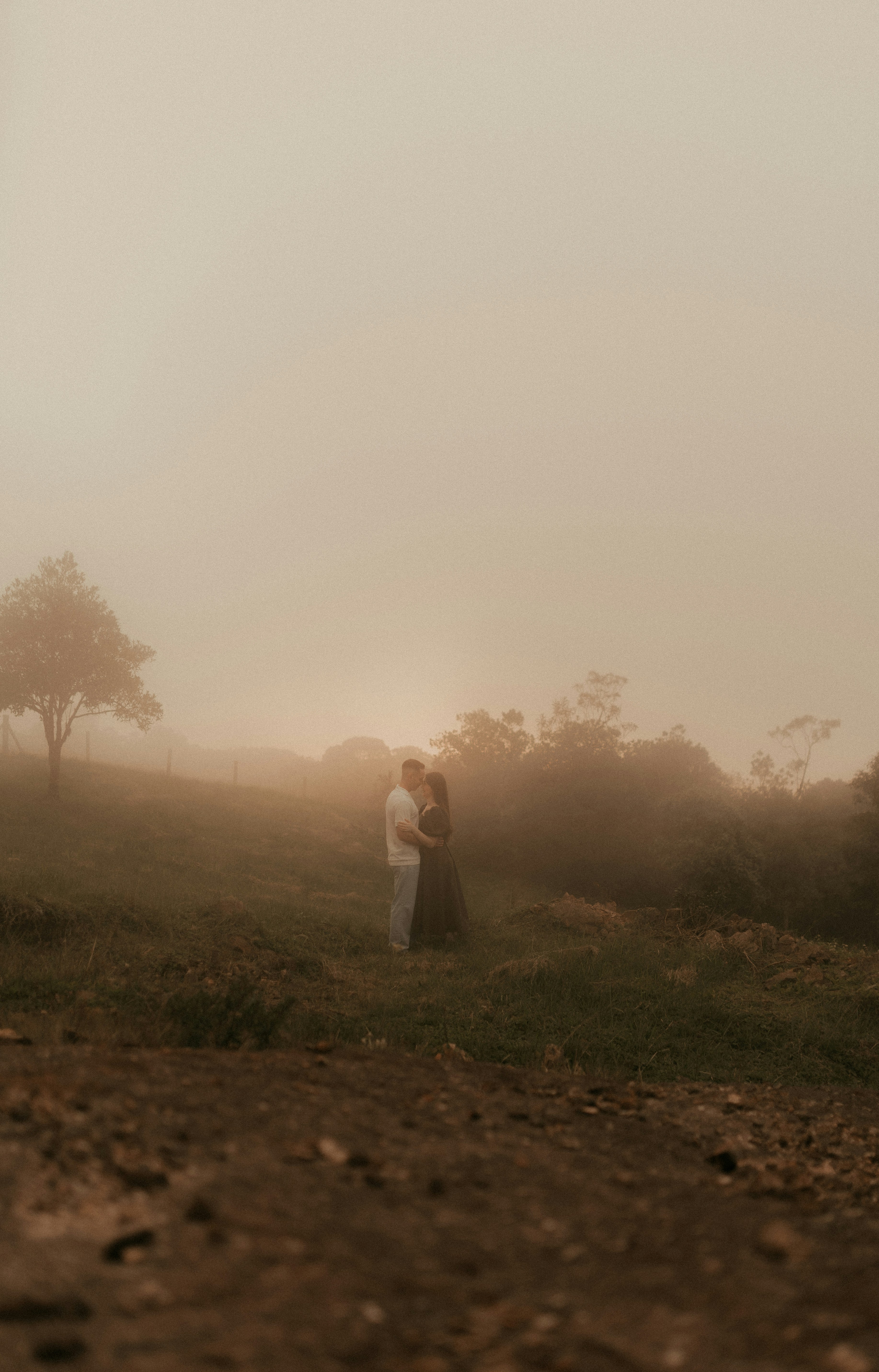 Casal se abraçando em uma paisagem enevoada com árvores e colinas