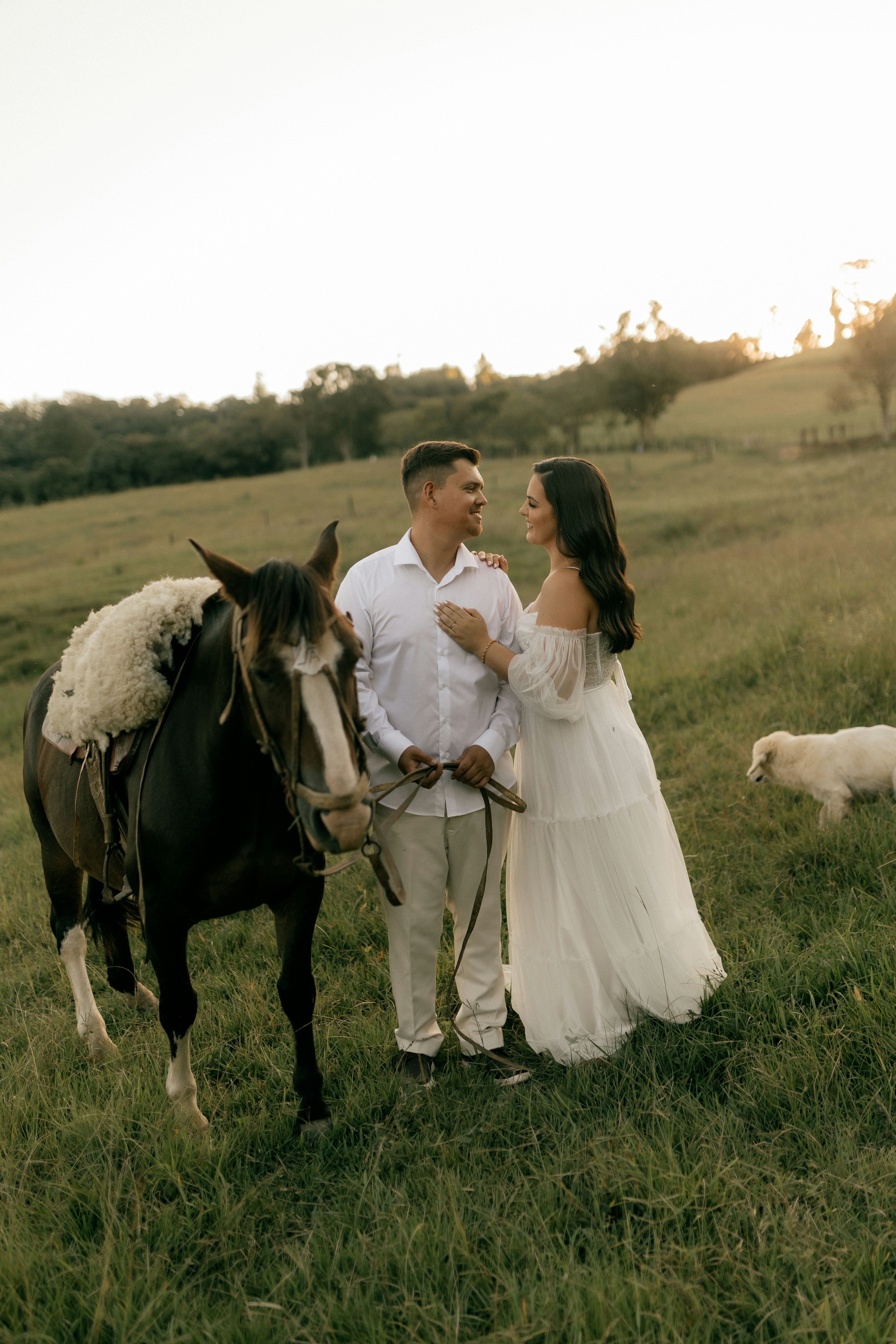 Couple with horse and dog in a grassy field
