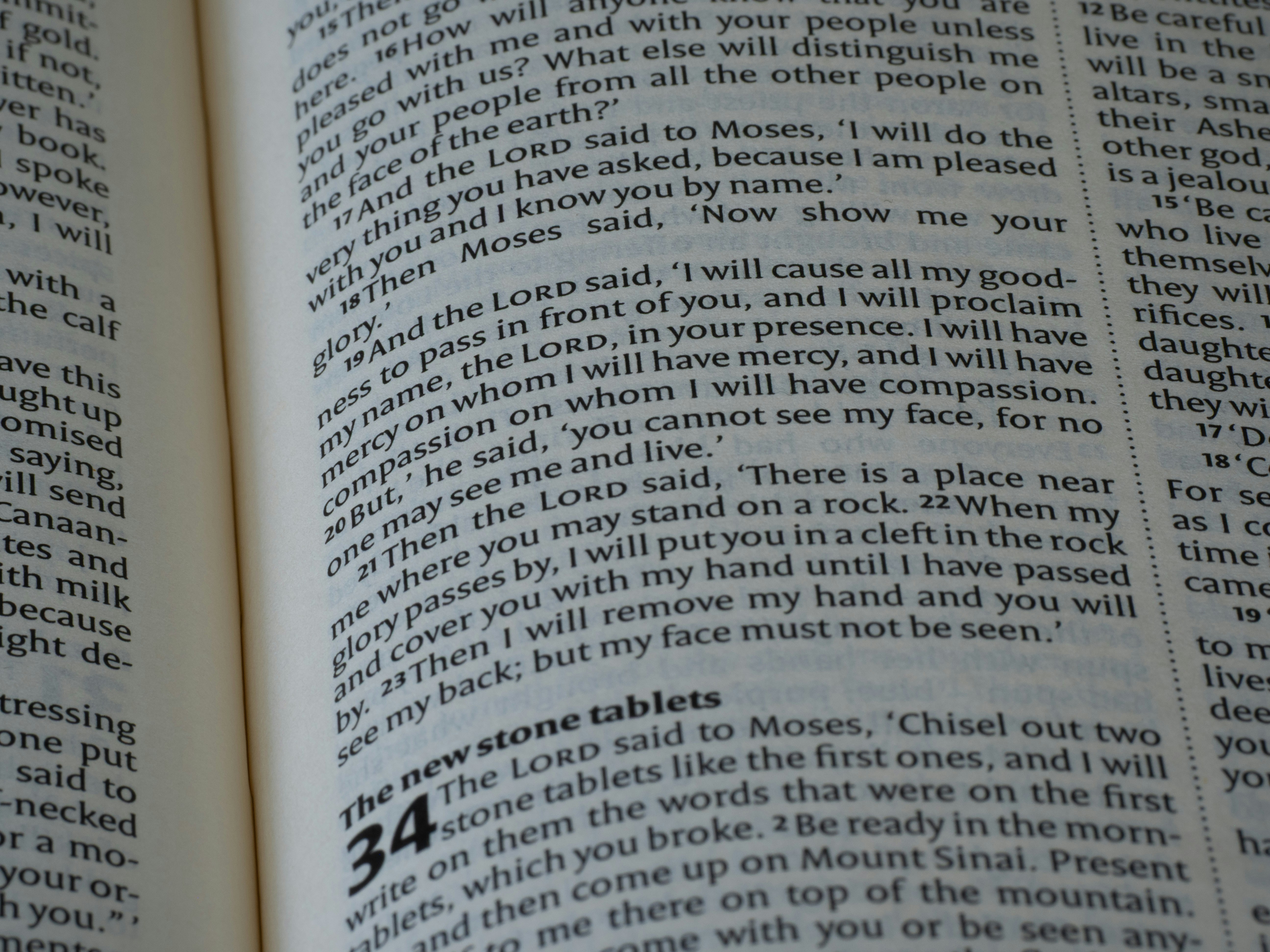 Nahaufnahme einer offenen Bibel mit sichtbarem Text.