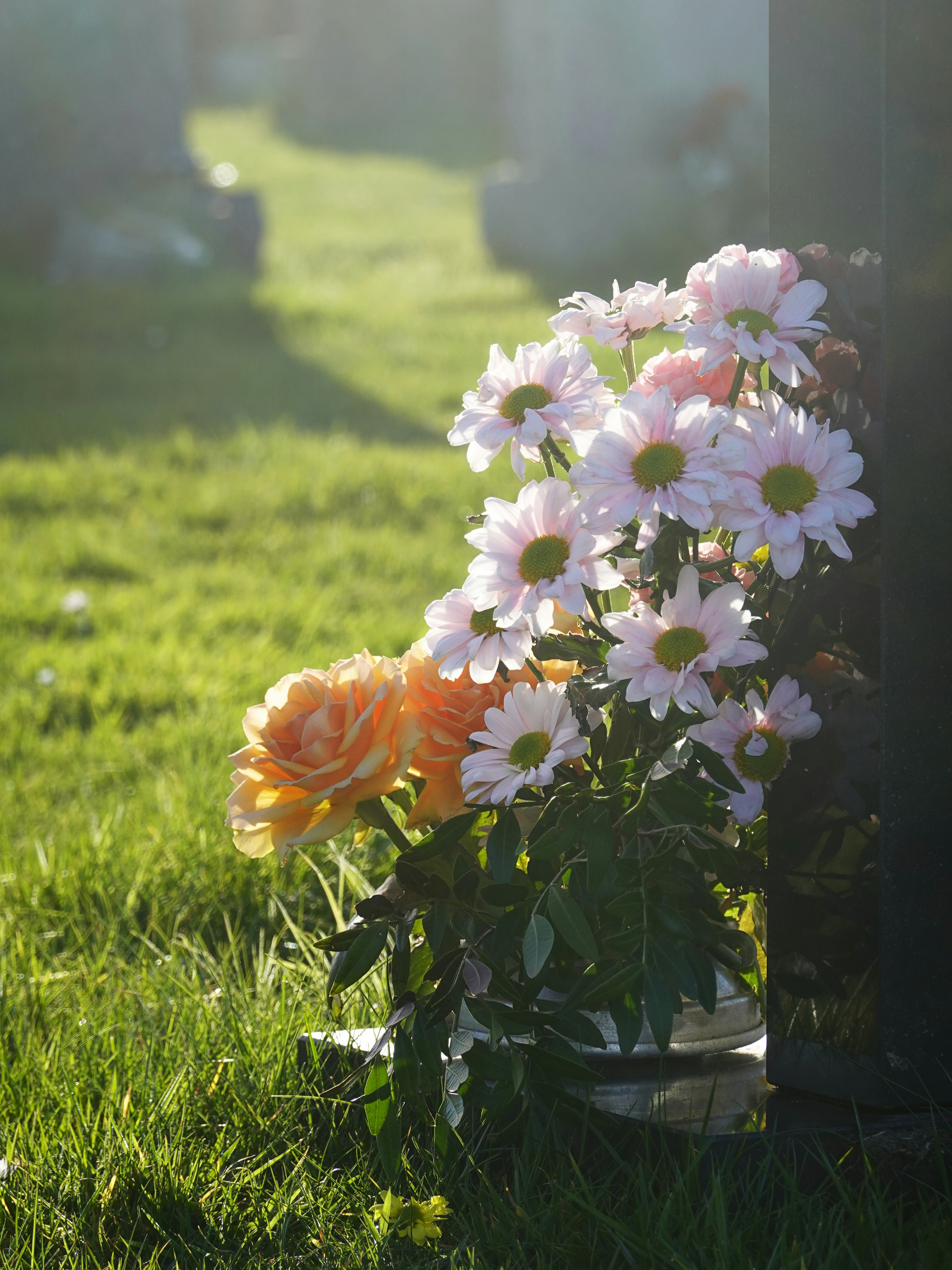 Flowers placed on a grave at sunset
