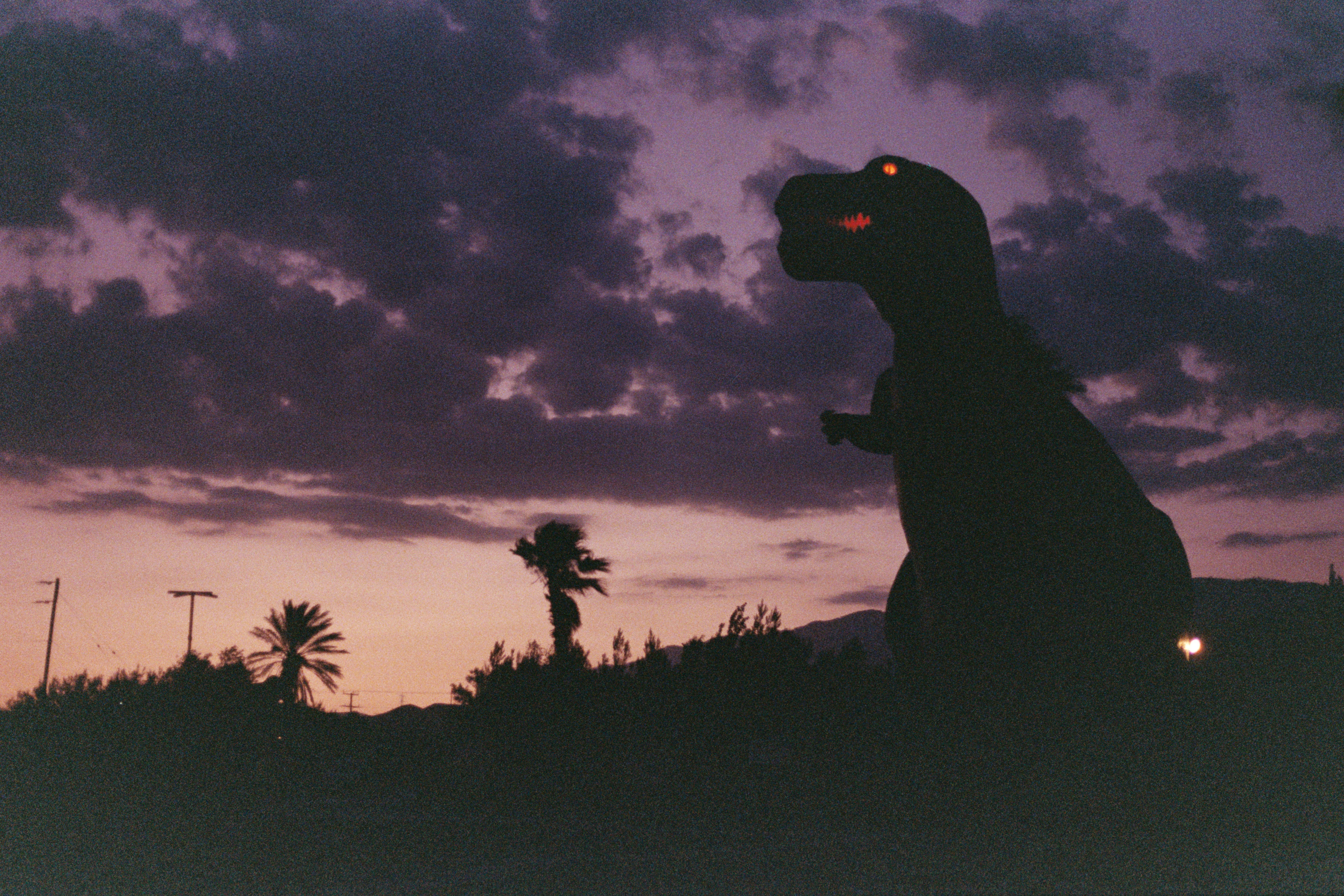 Silueta de dinosaurio contra un cielo crepuscular dramático