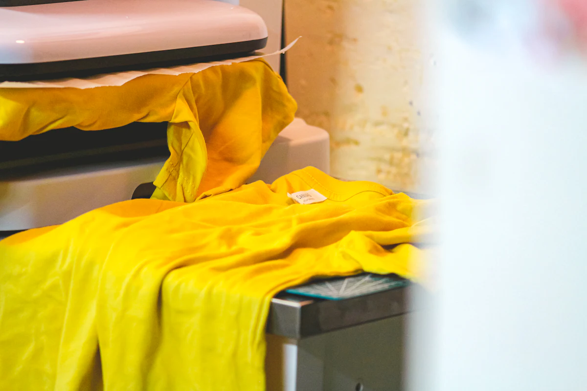 Sehelai kaos kuning terpasang di atas mesin press di bengkel produksi pakaian