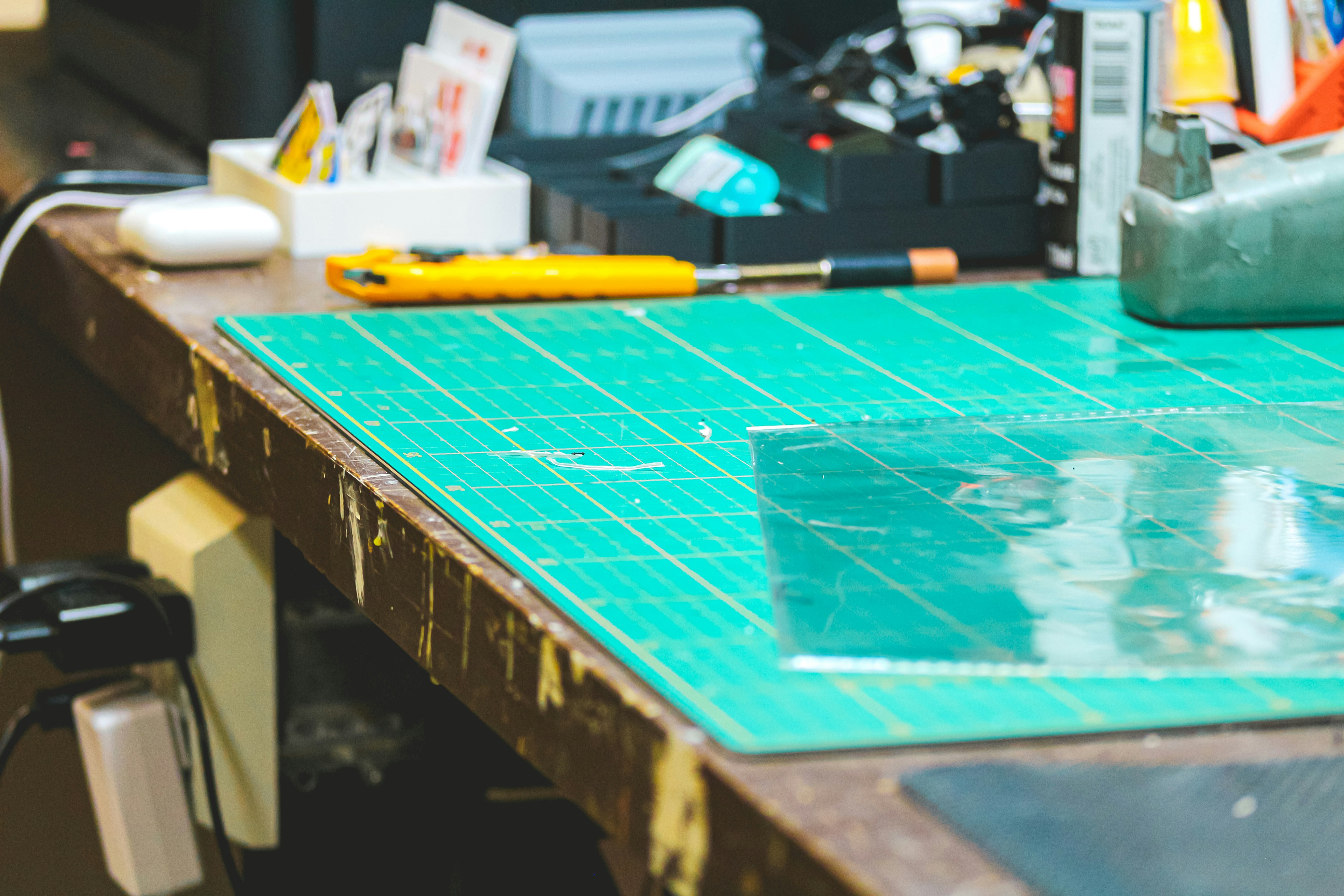 A crafting table with tools and supplies