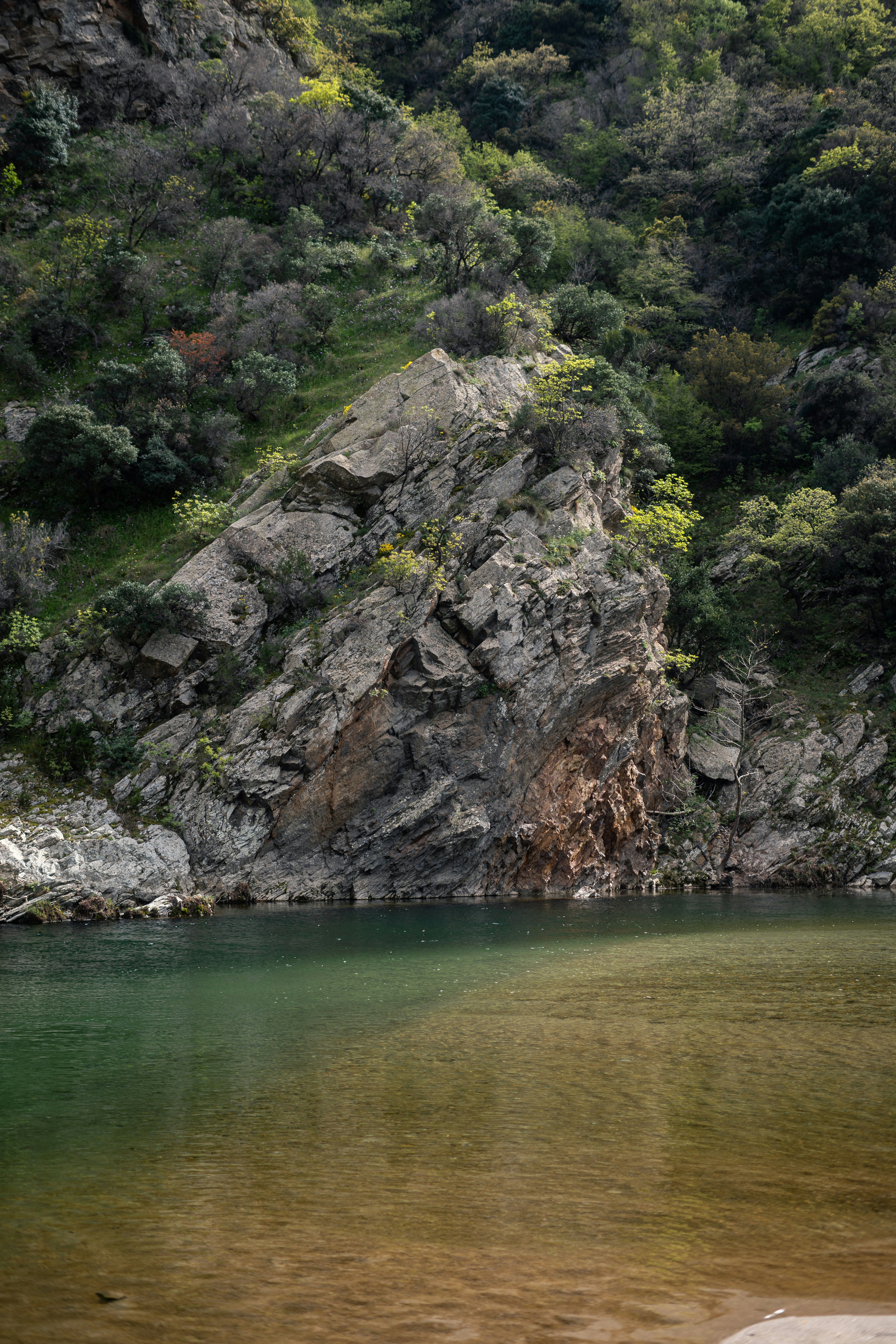 Rocky cliff face beside a calm green river