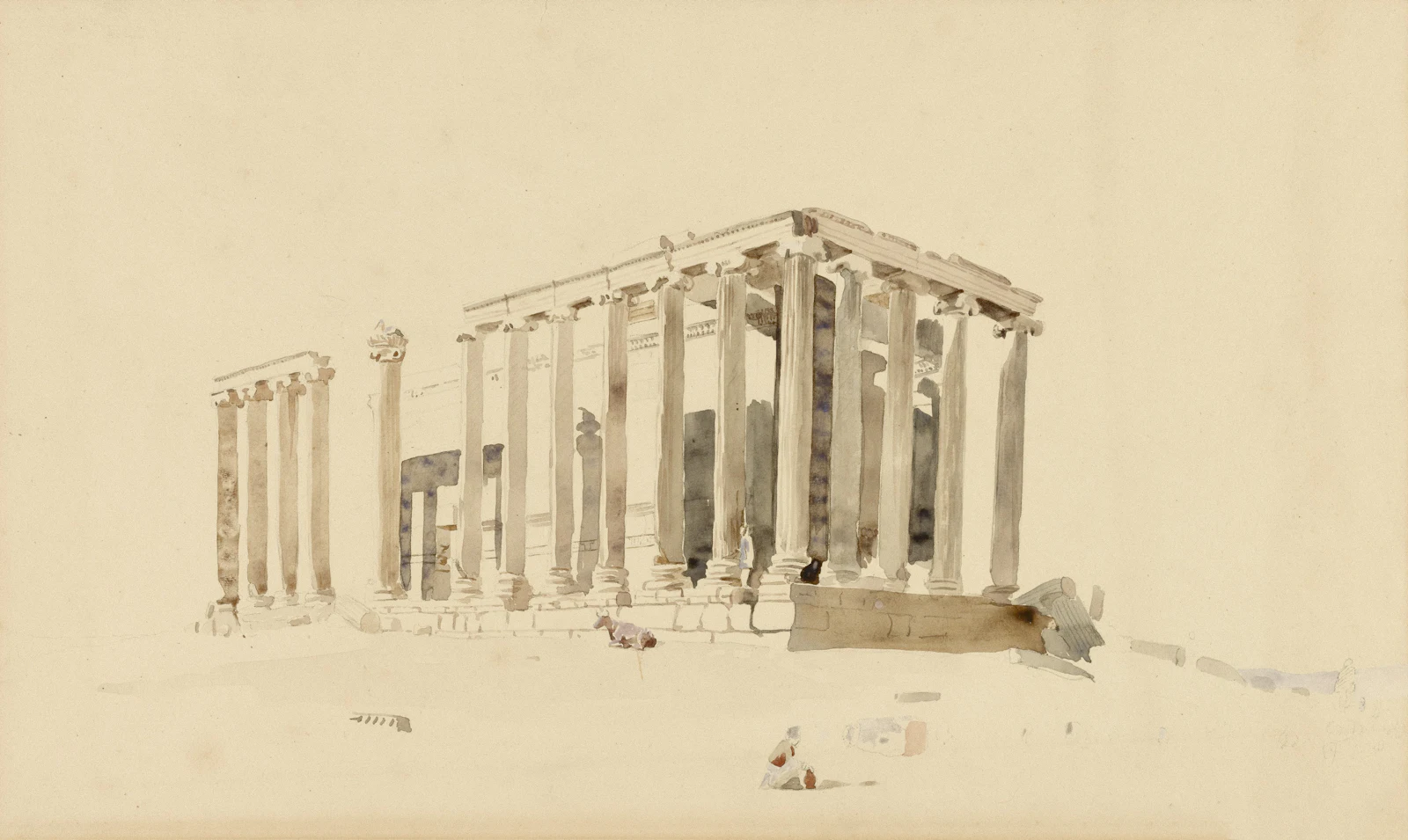 A pencil and watercolor study of the columns of a ruined Greek temple.