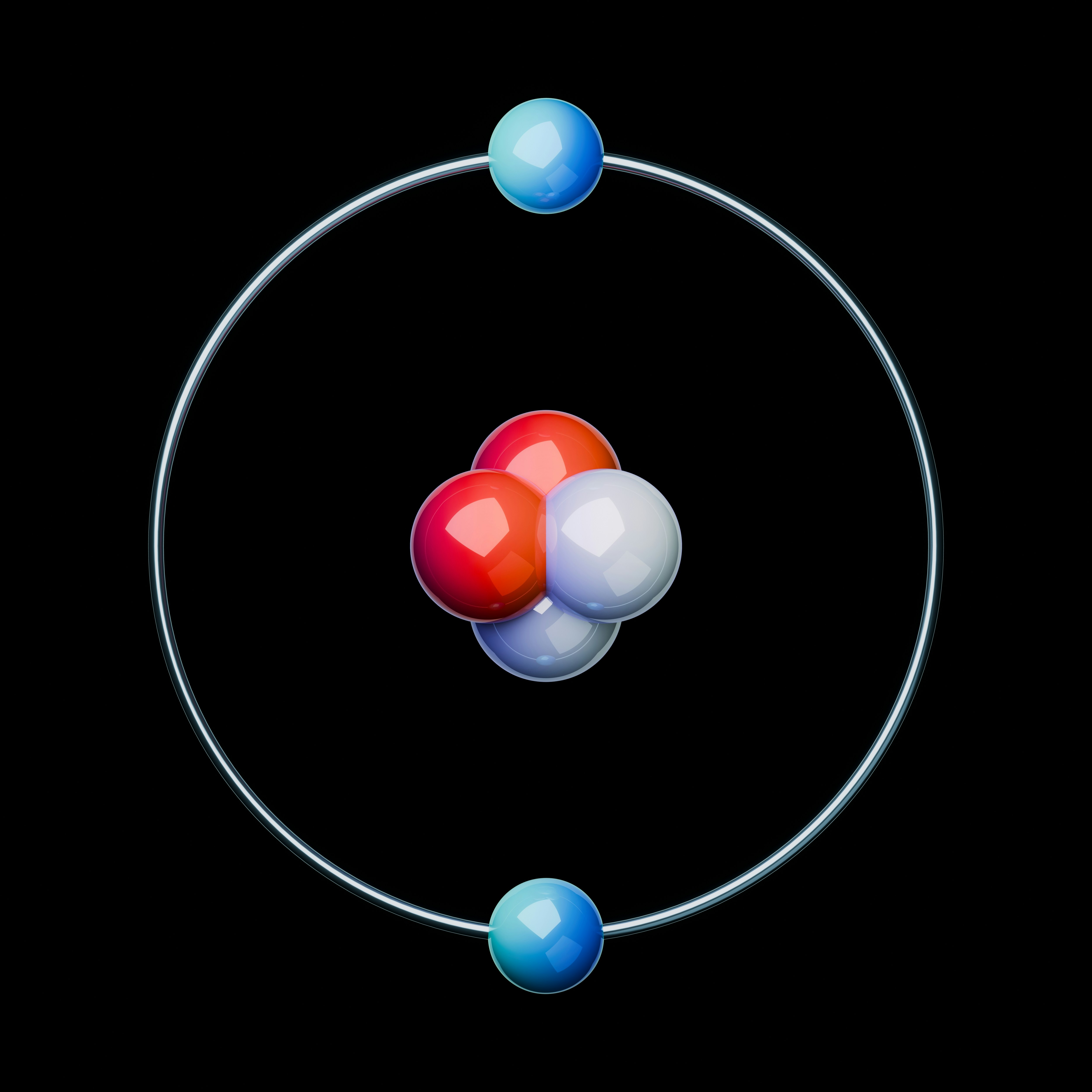 A high-quality 3D render of a Helium atom (He) of an atomic structure on a black background. Scientific illustration showing electron orbits and a central nucleus. Great for education, physics, and chemistry projects. All atom renders: https://unsplash.com/collections/nNbiMUVm7fY/planetary-atom-models