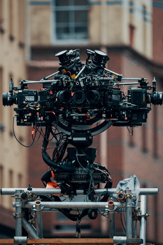 Visual effects artist working at a multi-monitor workstation reviewing footage