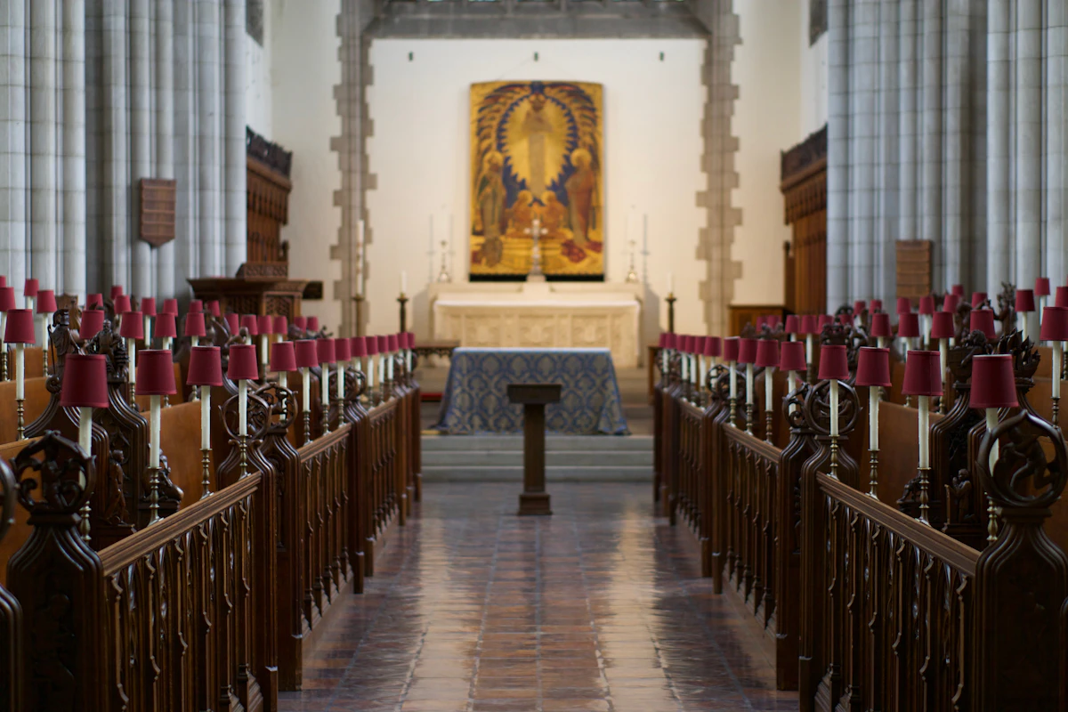 Rows of pews in a church