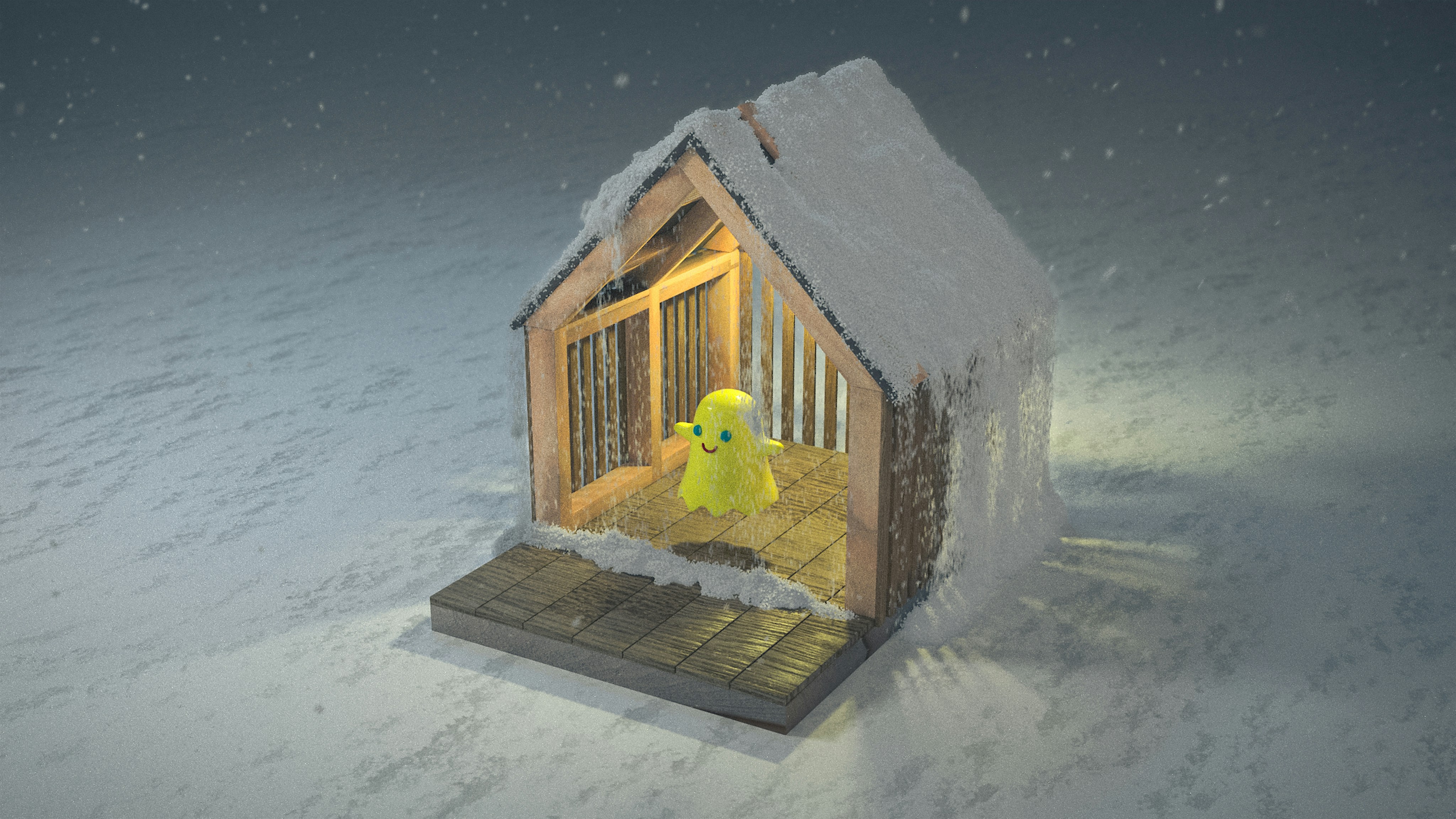 A small yellow creature inside a snow-covered hut.