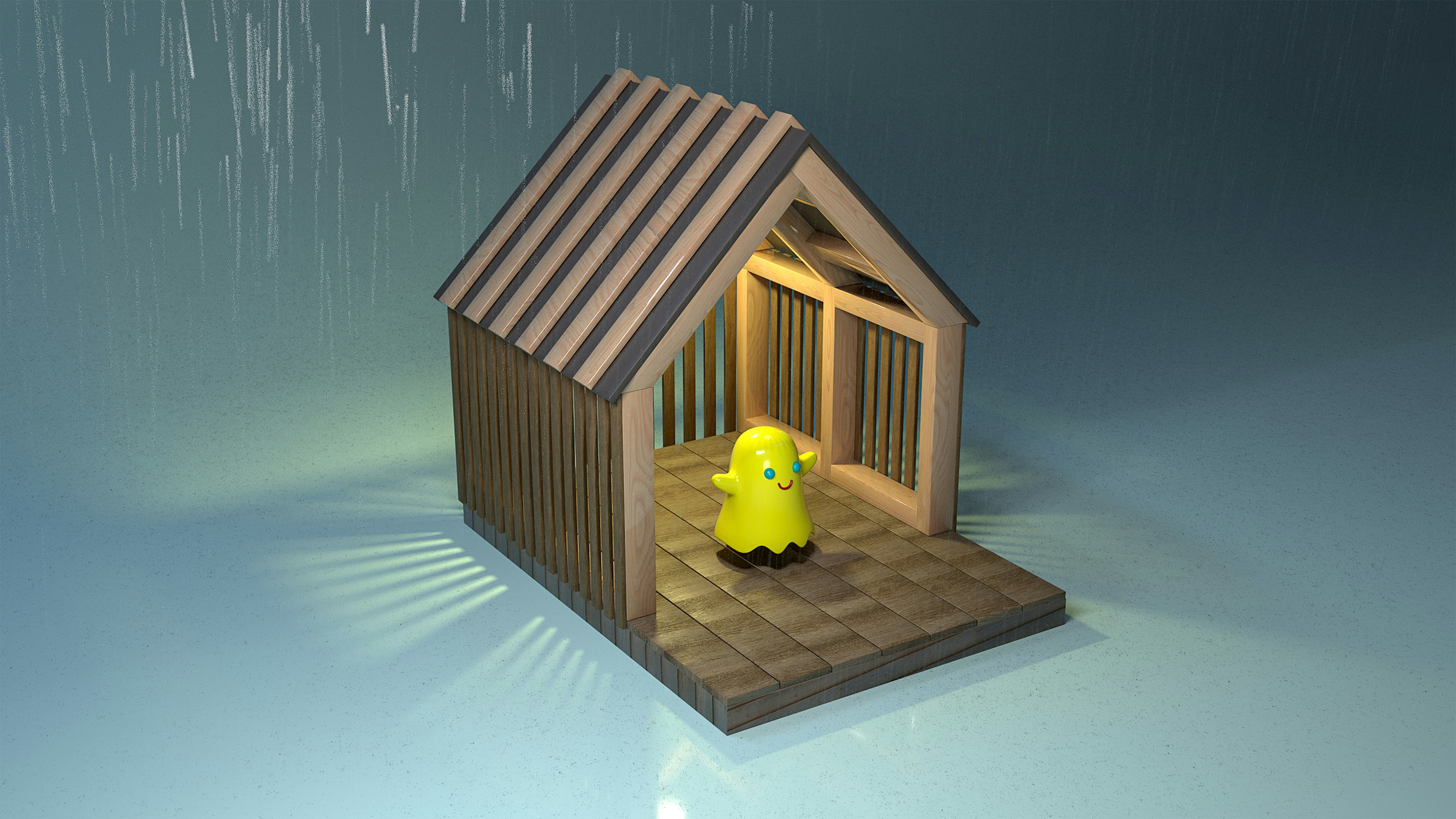 Ein gelbes Wesen sucht bei Regen Schutz in einer Holzkonstruktion.