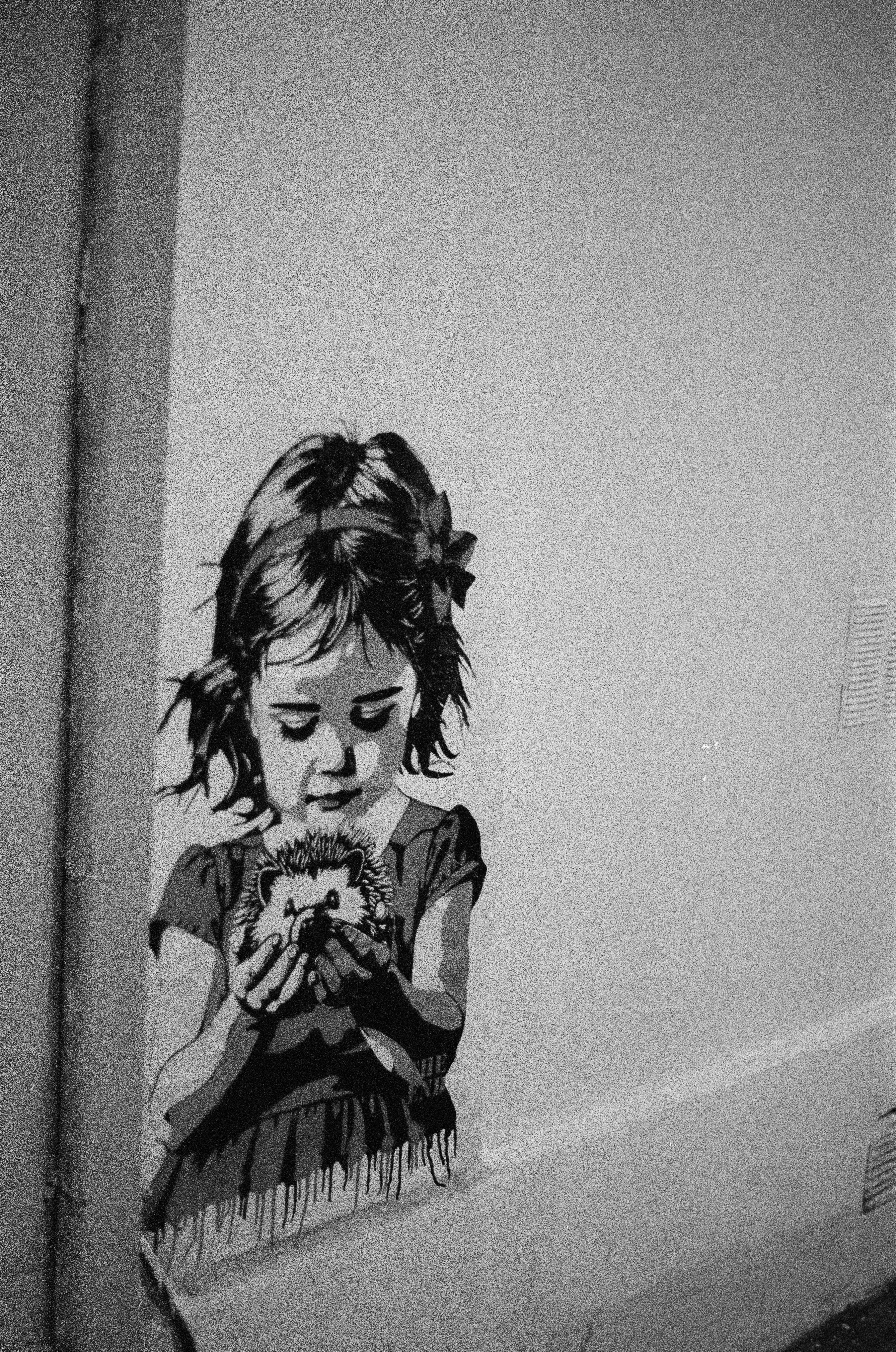 Gadis memegang landak kecil di tangannya