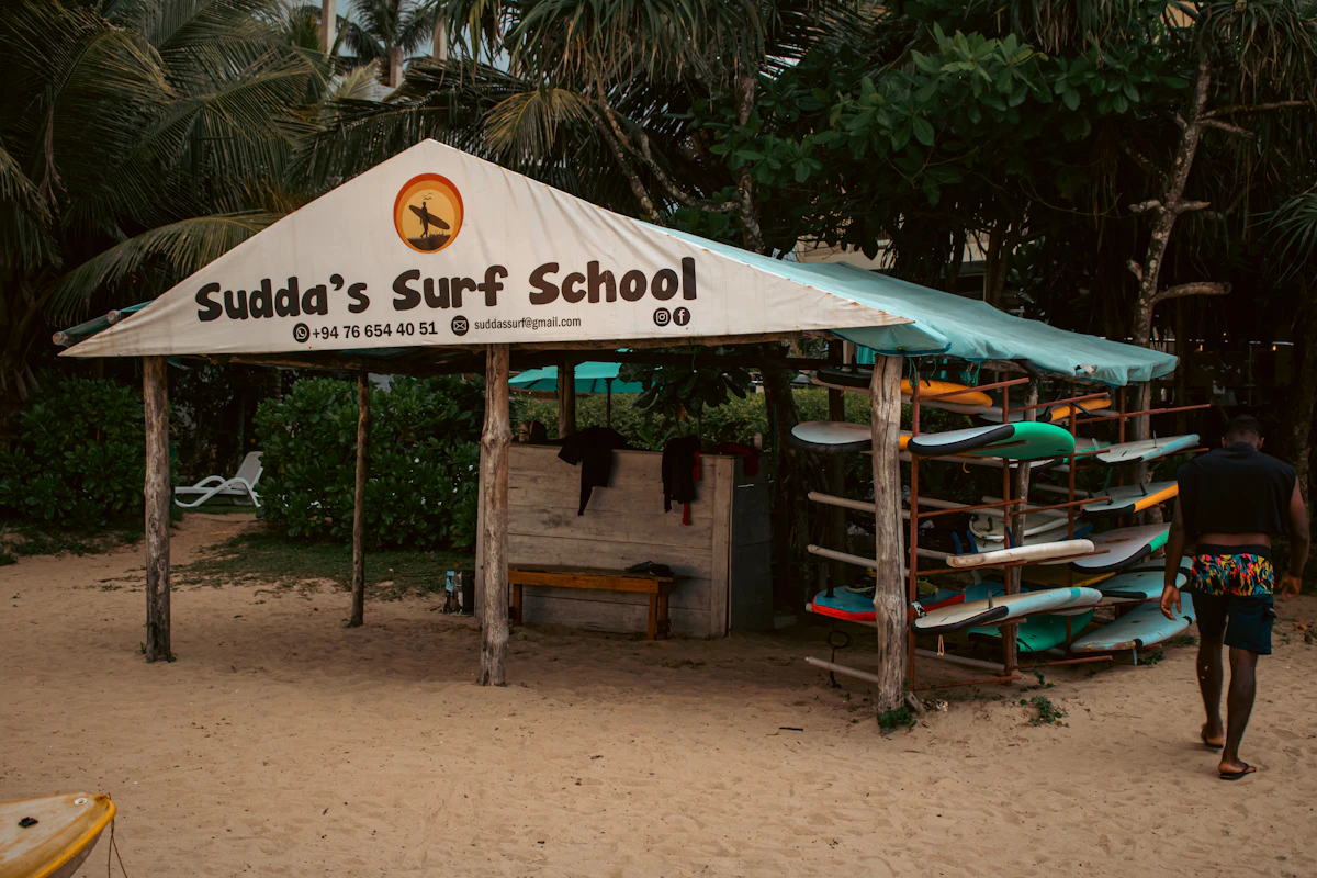 Surfboards lined up outside a surf school on Weligama Bay, Sri Lanka