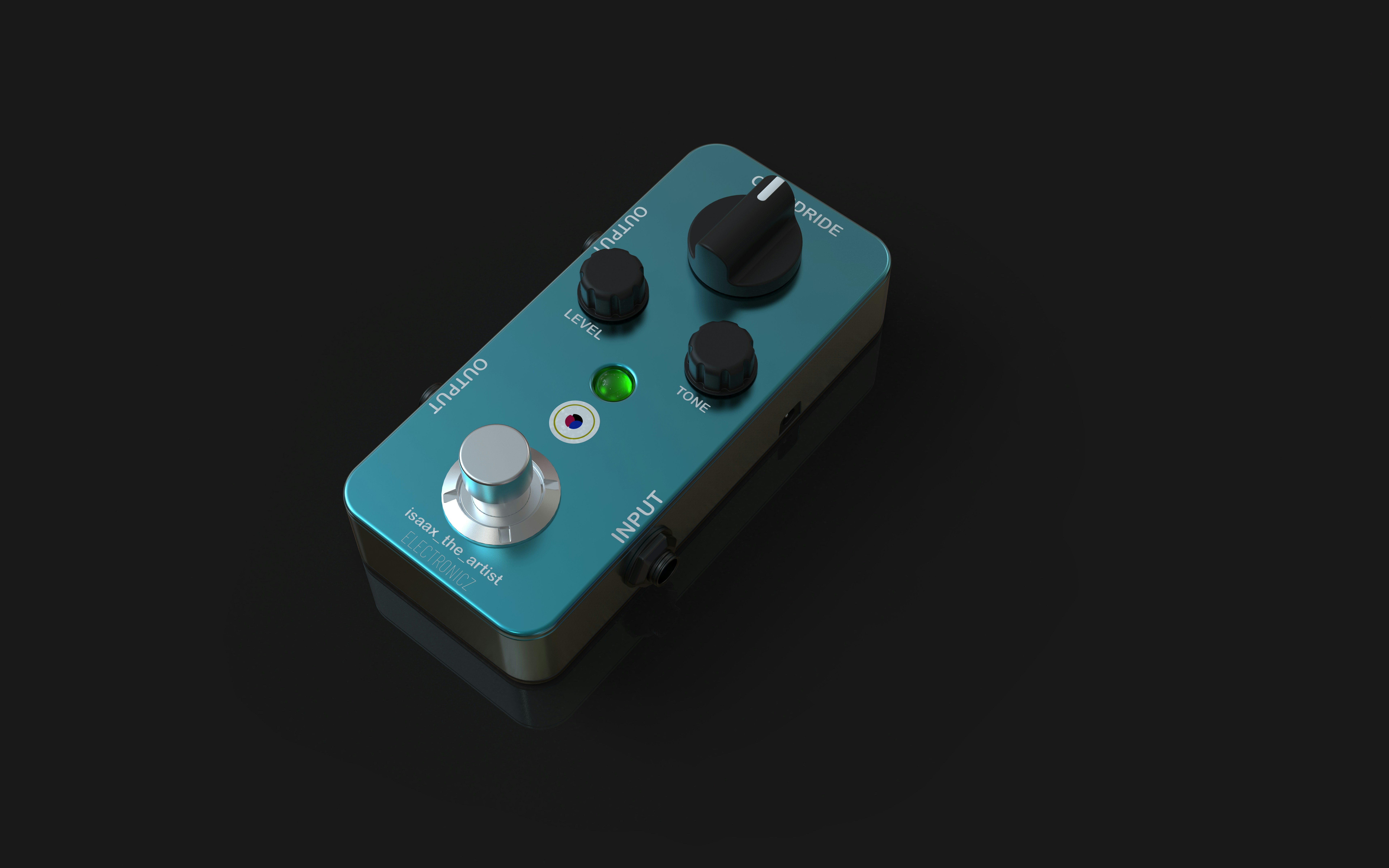 Un pedale effetti per chitarra color turchese con manopole e interruttore.