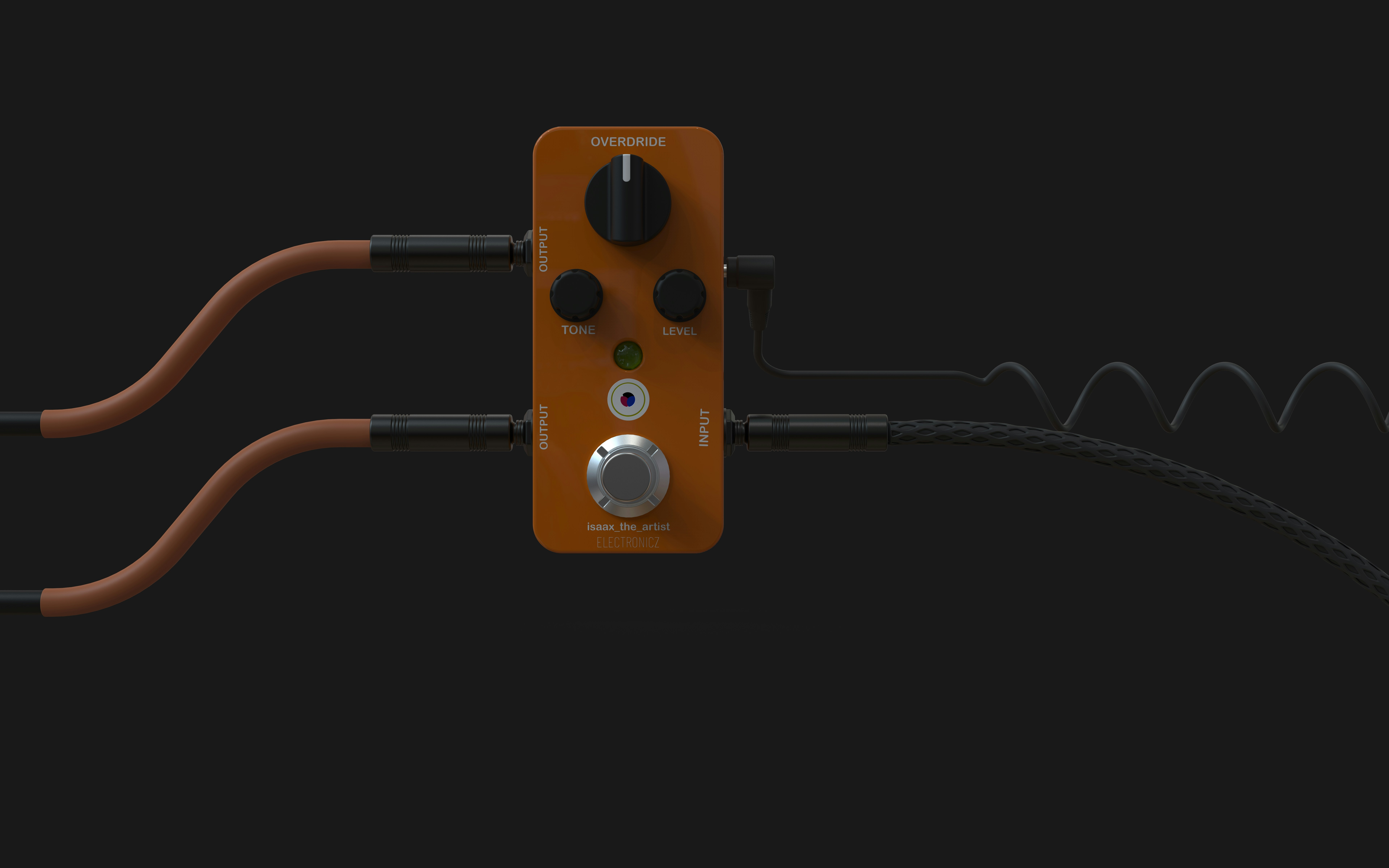 Pédale de guitare orange avec câbles sur fond sombre