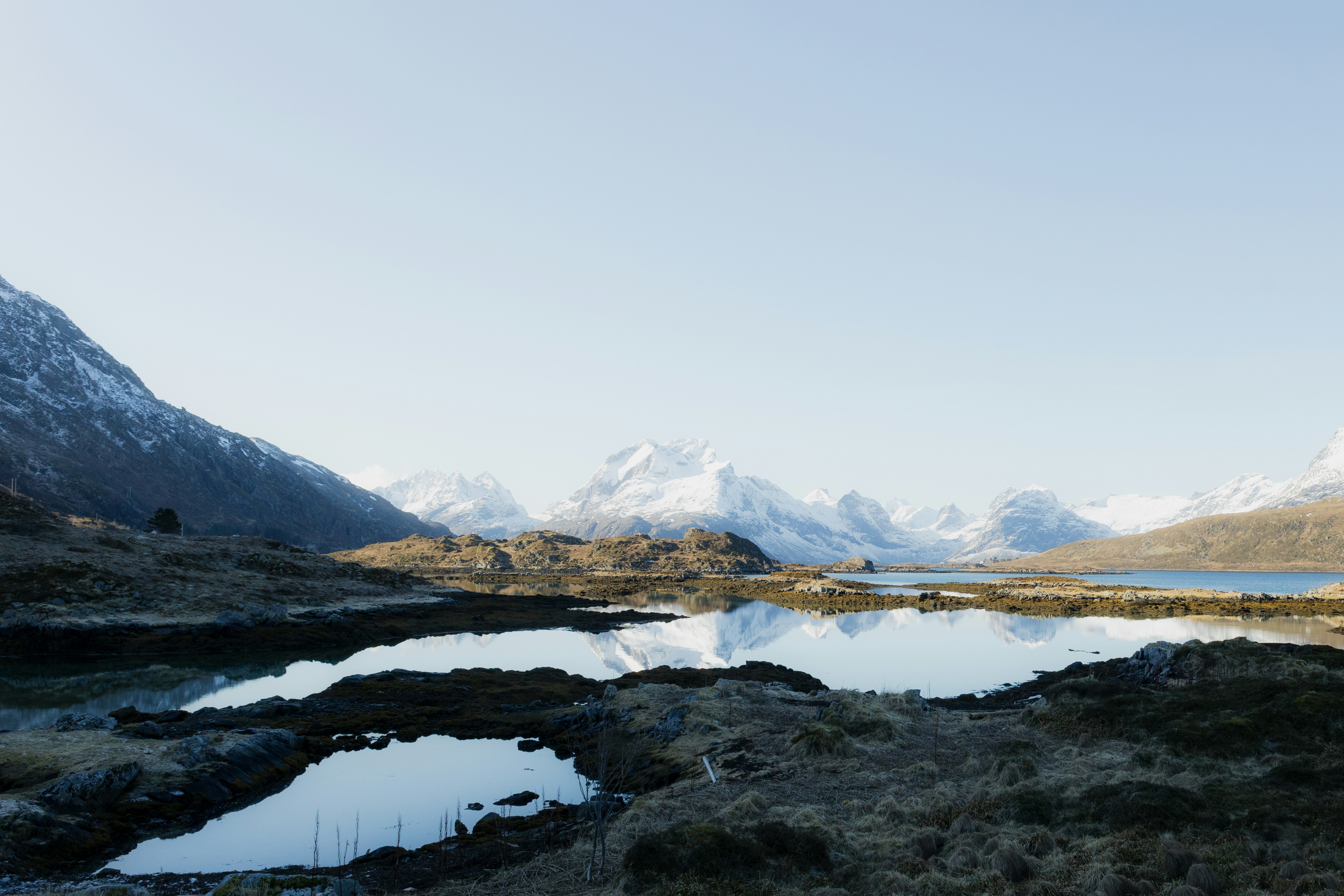 Snow-capped mountains reflected in a calm lake