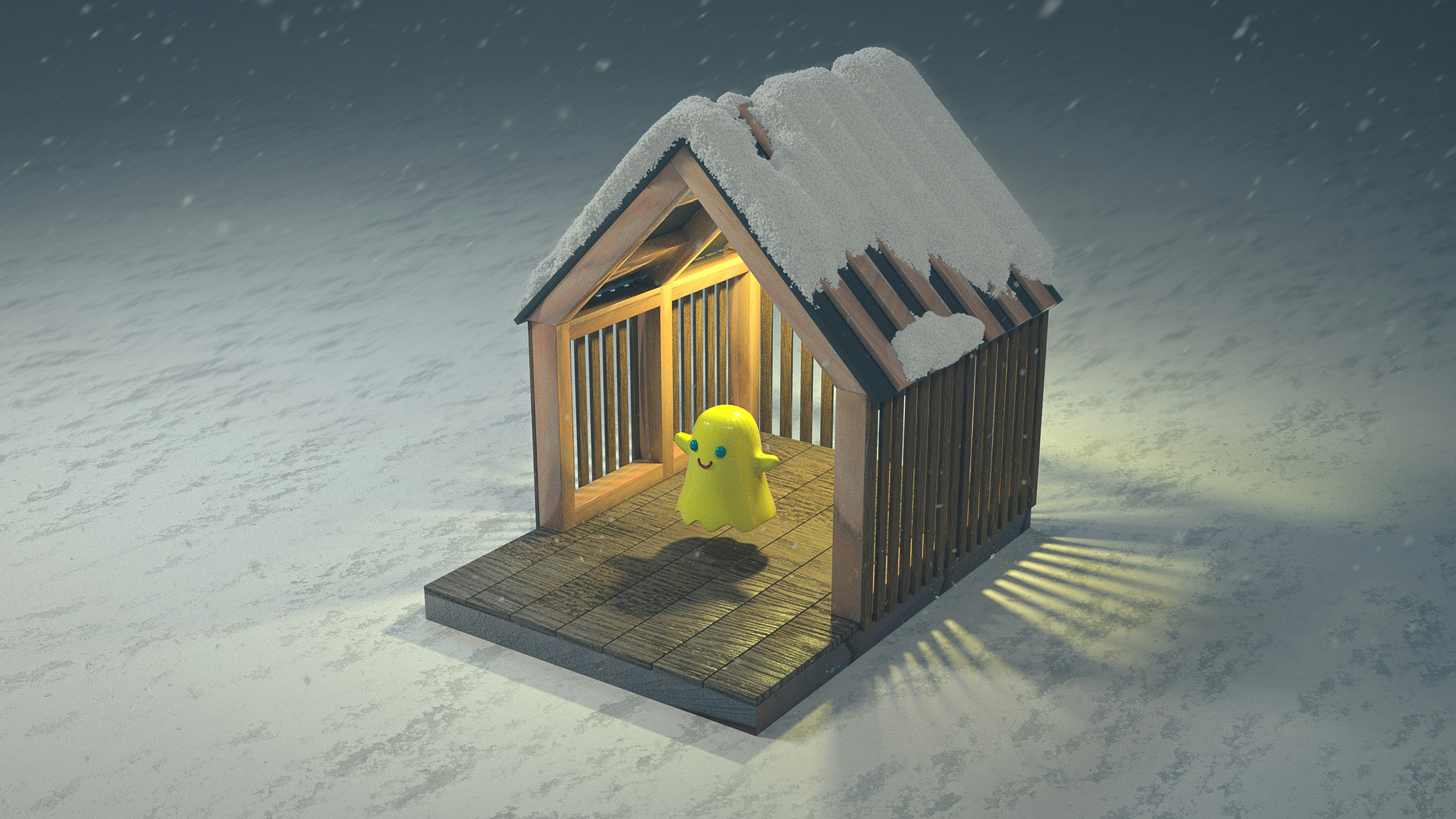 A small yellow creature inside a wooden shelter in snow.